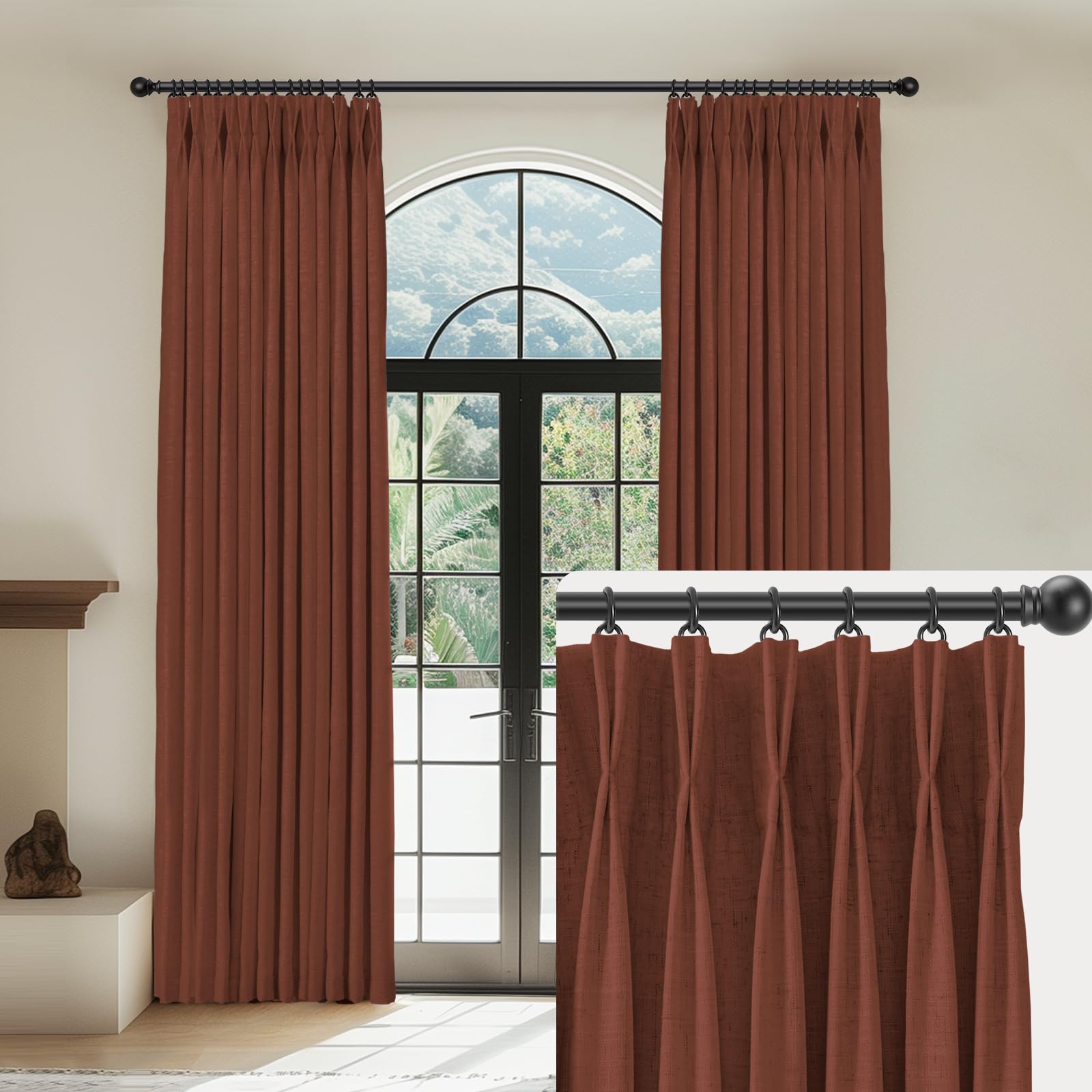 CAPALOCA Linen Pinch Pleated Curtains Blackout 100% Black Out Curtains 86 Inches Long 2 Panels with Hooks, Thermal Insulated Pinch Pleat Drapes for