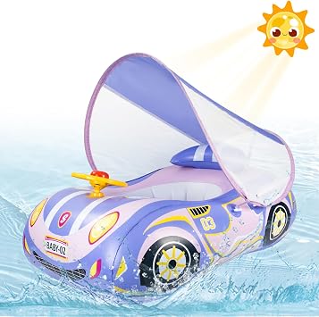 Baby Pool Float with Canopy Baby Floats for Infants Toddler 6-48 Months Qoosea Swimming Floaties with UPF50+ Sun Protection & Toy Play Steering Wheel & Patch Kit