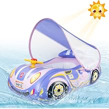Baby Pool Float with Canopy Baby Floats for Infants Toddler 6-48 Months Qoosea Swimming Floaties with UPF50+ Sun Protection & Toy Play Steering Wheel & Patch Kit