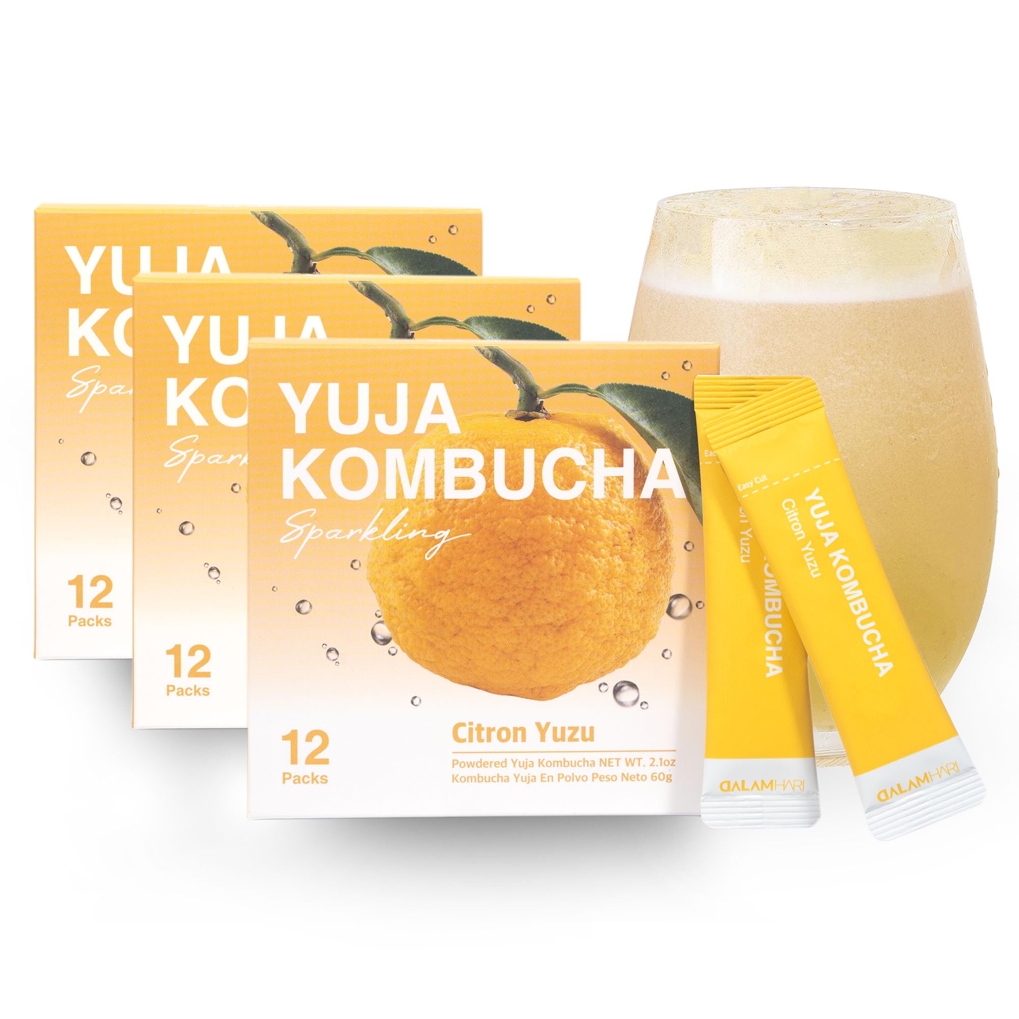 DALAMHARI Yuzu SUPER Kombucha Powder Tea 3 SET | 15kcal Scoby Fizz Sticks Urban Remedy Hydrant Powder Packets Switch Drink Health Ade Synergy Kombucha Kambutcha, 36 Counts