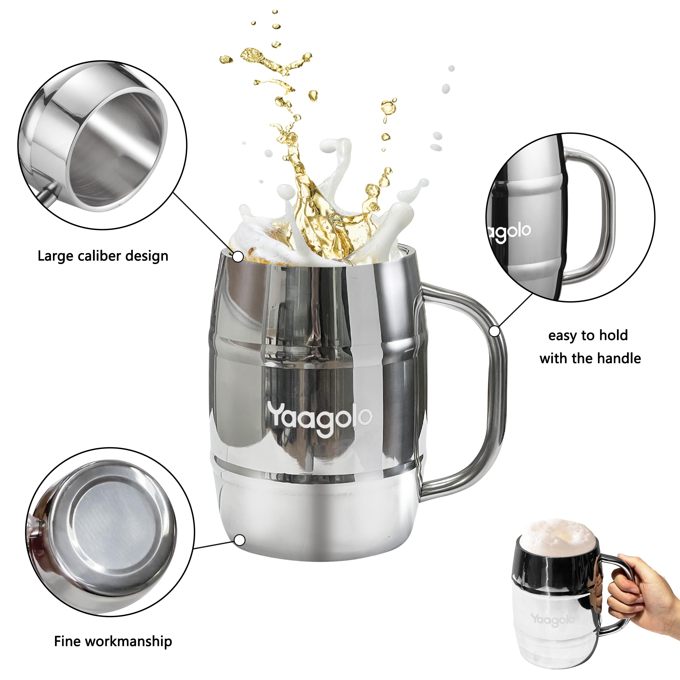 1L Large Stainless Steel Beer Mug,32oz Double Wall Beer Stein with Handle, Shatterproof Cups for Cold Drinks