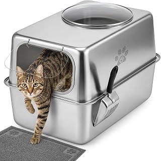 PTLOM Katzenklo Edelstahl XXL, Katzentoilette Groß 48L mit Schaufel und Streumatte, Geschlossene Katzentoilette Metall für Katzen mit Deckel, Hoher Rand, Geruchsfrei, Leicht zu Reinigen, 60x40x40cm