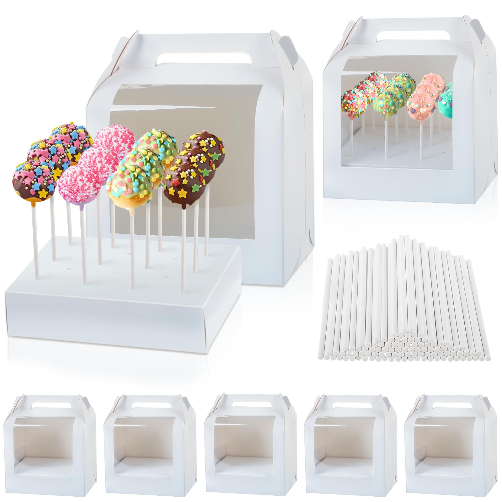 MGWOTH Cake Pop Boxes Packaging with Sticks Set, 5PCS Cakesicle Display Stand with Window, Portable Lollipops Transport Holder with 100Pcs Paper Sticks, Bakery Containers for Babyshower, Party