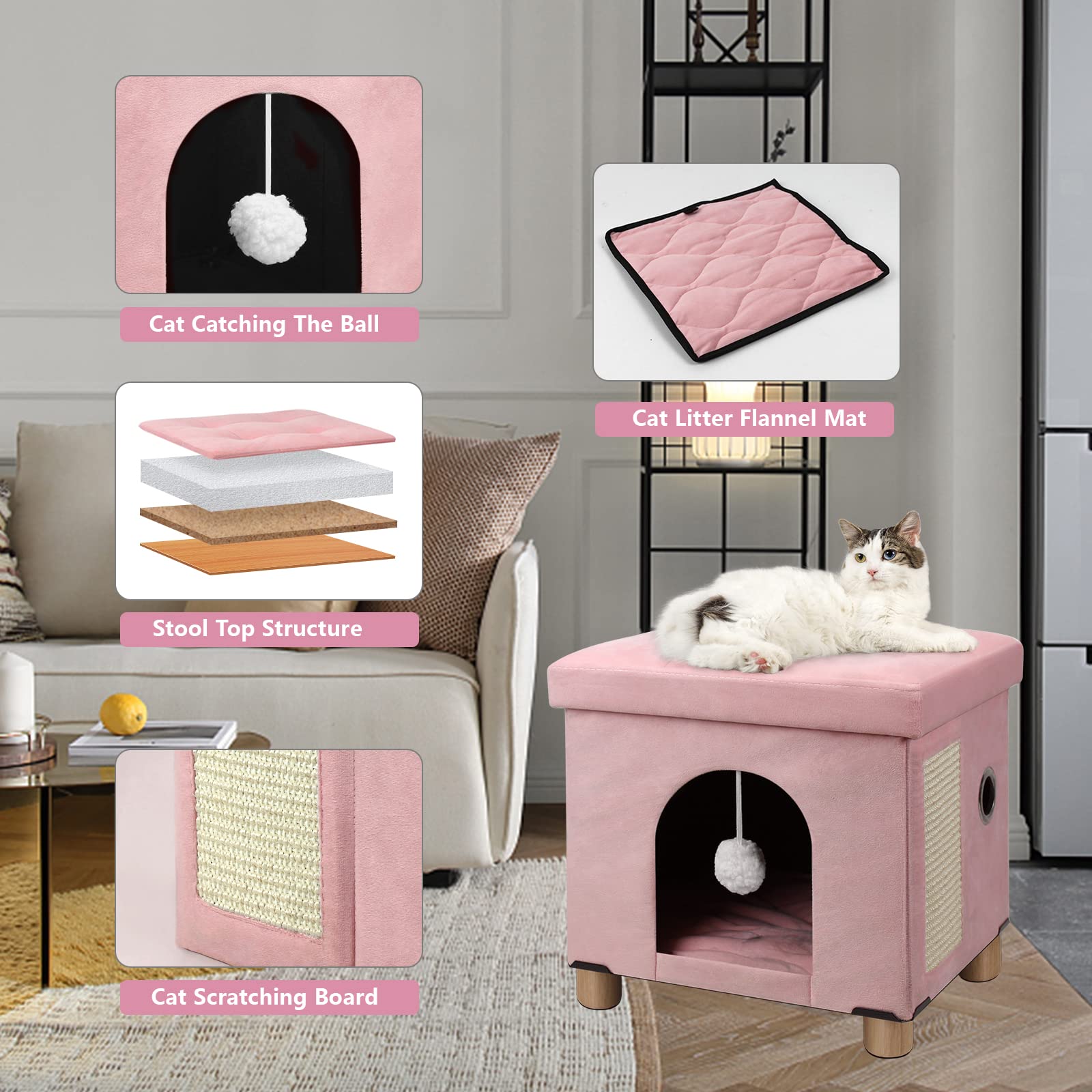 BRIAN & DANY Pieghevole Cuccia Gatto, Casetta Grande per Gatti con Tiragraffi e Pallina da GiocoGrigio, 37,5×32,5×36cm, Rosa