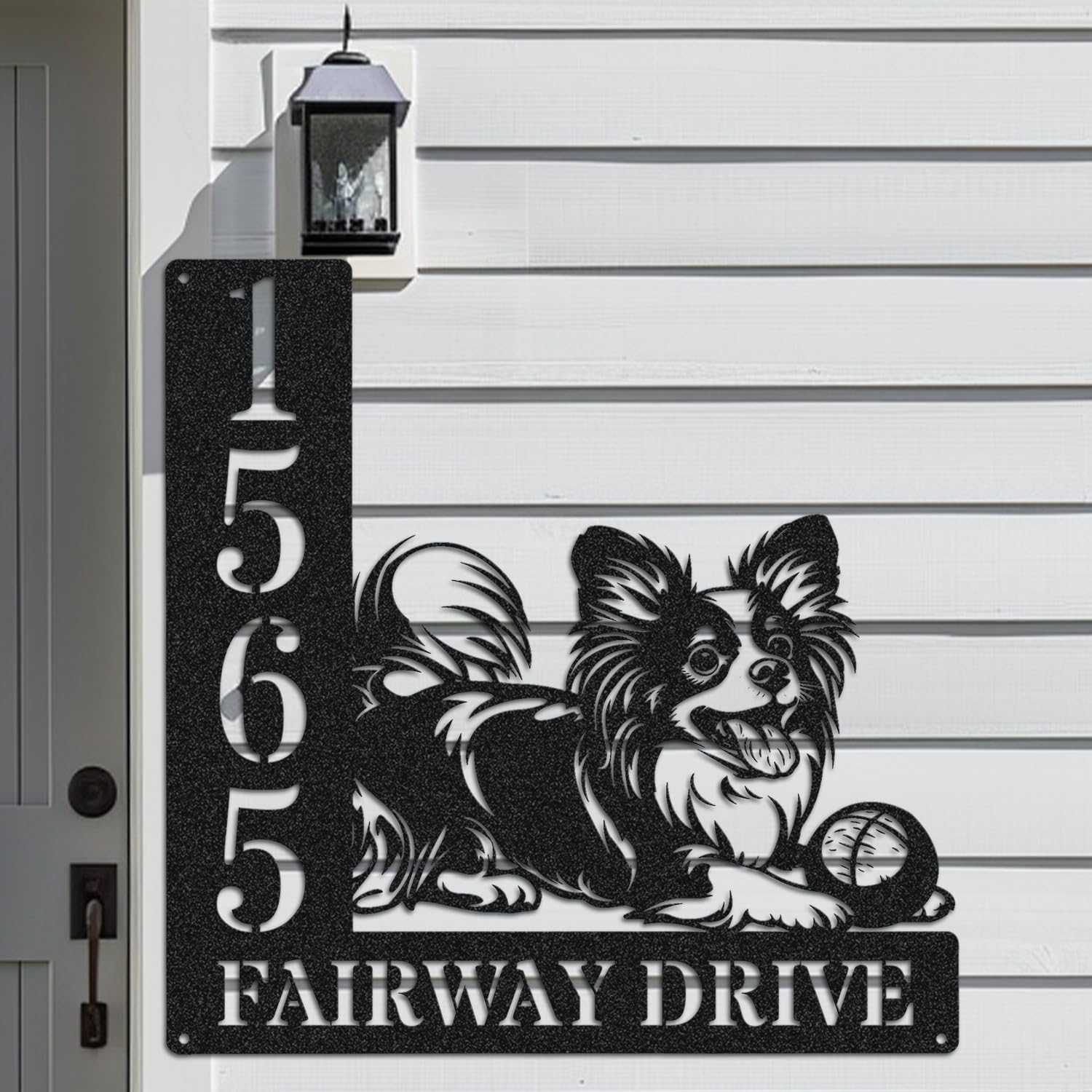 Personalized Papillon Address Sign, Custom Metal Address Plaque, Papillon Playing with Ball Design, Decorative Outdoor Garden Plaque (Papillon Address Sign)