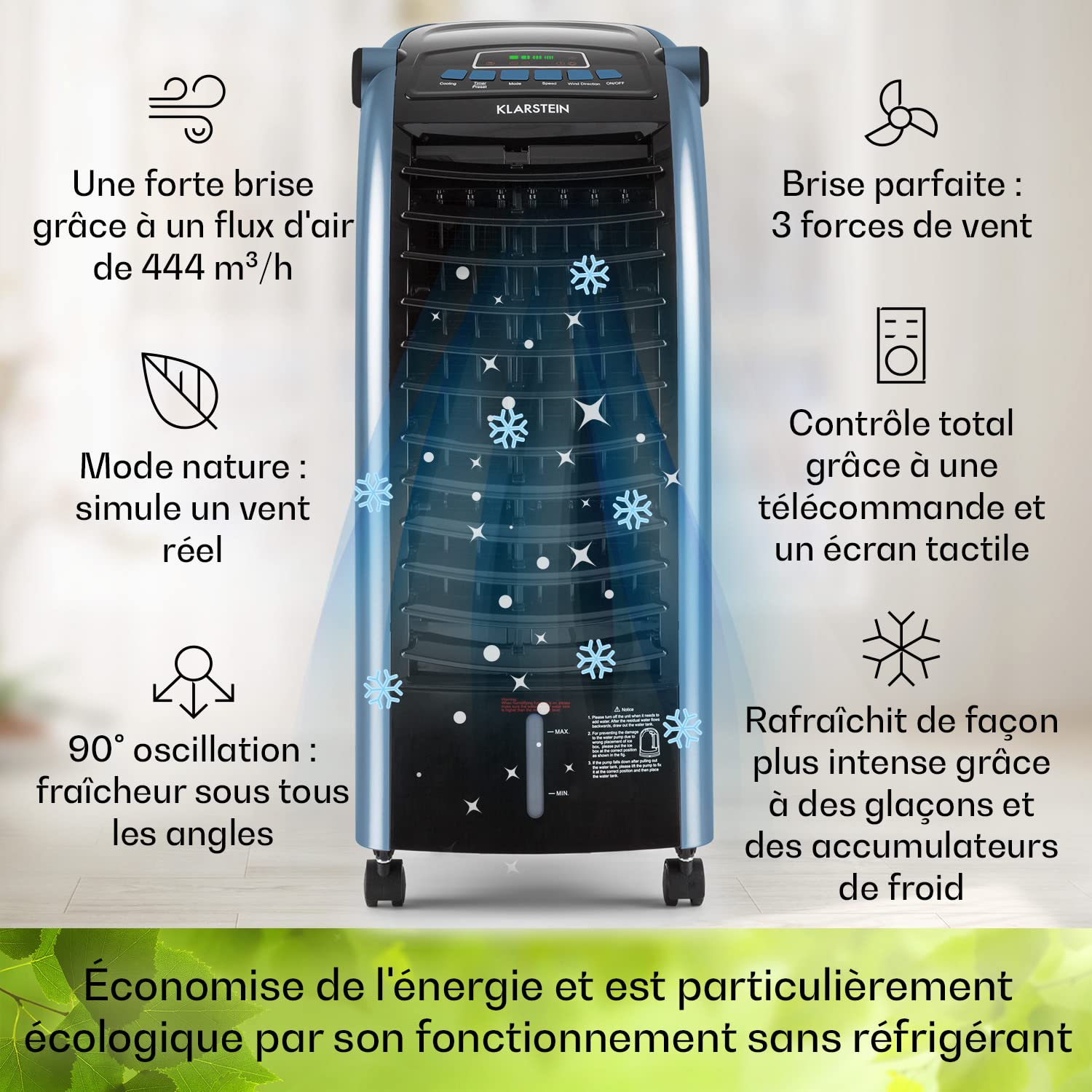 Klarstein Rafraichisseur d'Air 4 en 1, Climatiseur Portable, Humidificateur, Ventilateur, Ioniseur, Climatiseur Mobile Sans Évacuation, Pack Glacons, Réservoir 6L, 65W, Puissant Débit d'Air 444m³/h