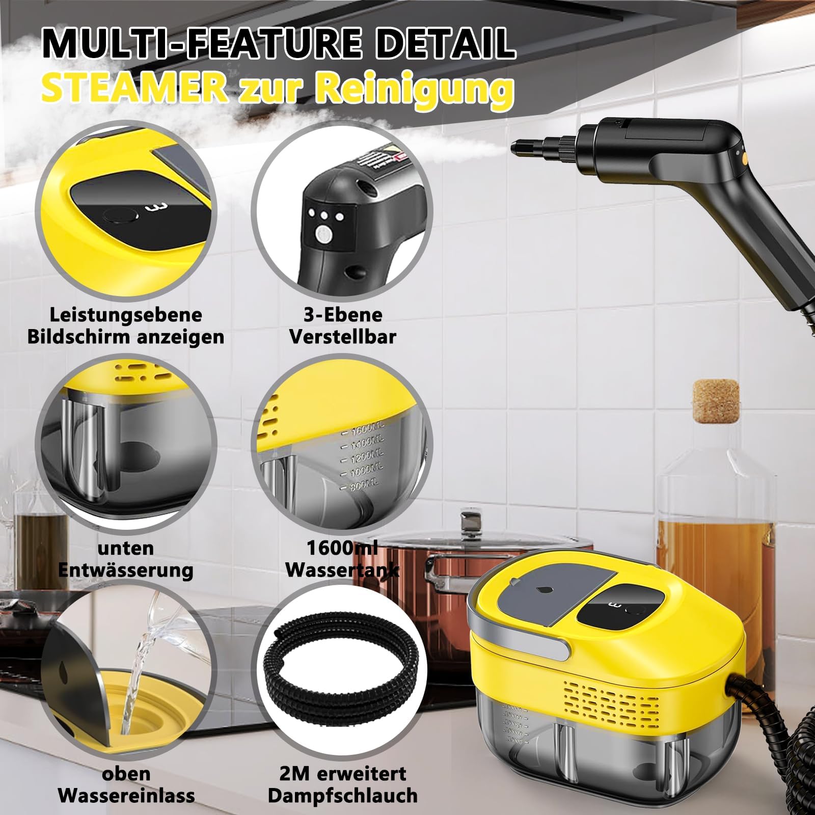 2026 neu 3-stufig einstellbarer dampfreiniger handgerät, 10 Sekunden Aufheizzeit und 1600 ml großer Tank Handdampfreiniger, Dampfreiniger für Haushalt und Auto, Küche, Fenstern (Yellow, 1 Set)