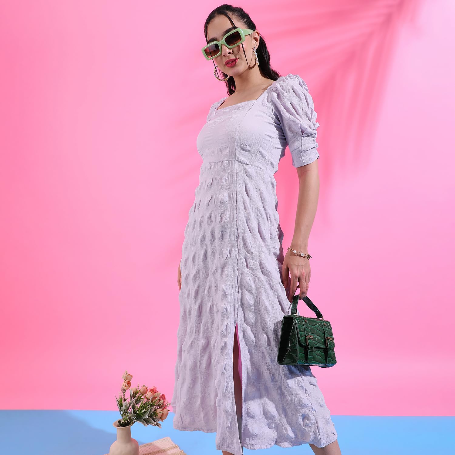 Campus Sutra Women's Solid Lilac Dress With Slit Detail For Casual Wear | Short Sleeve | Polyester Midi Length Dress Crafted With Comfort Fit And High Performance For Everyday Wear