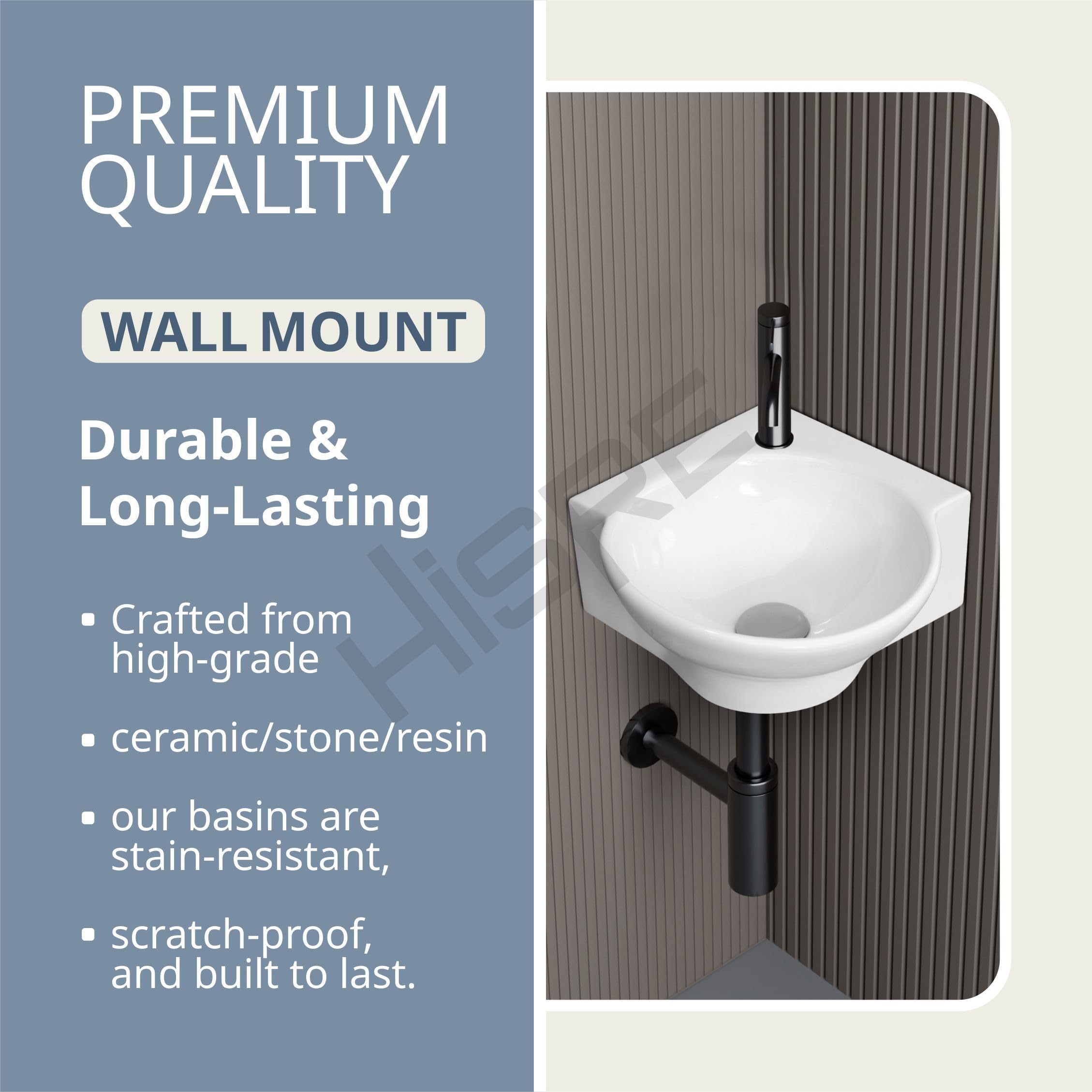 HISRE Compact Corner Wall Mount Wash Basin 14x16x5 Inch White Ceramic Sink | Space-Saving Round Bathroom Basin for Small Homes, Offices and Hotels, photo 5 of 5