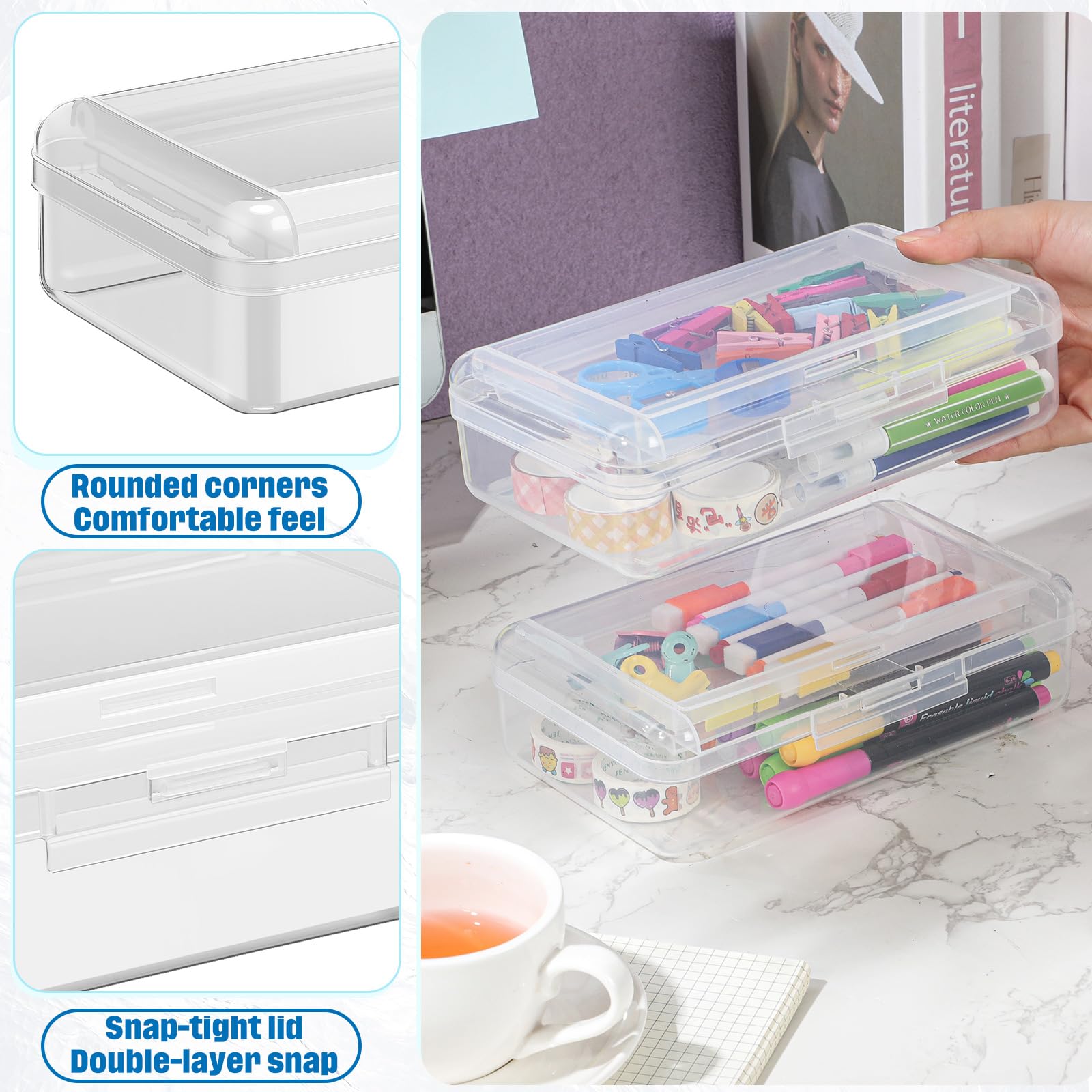 Blulu Confezione da 25 astucci a doppio strato, 20 x 12,4 x 5,8 cm, in plastica, con coperchio a scatto, design impilabile, per scuola, ufficio, organizzazione (trasparente)