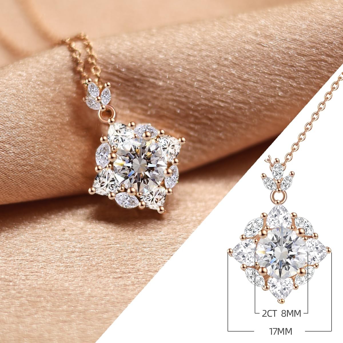 FEIKFEIZ Collar de mujer con colgante de moissanita, diamantes cultivados en laboratorio de 2CT, bañado en oro con oro rosa de 18K, regalo de joyería, el collar es resistente al agua.
