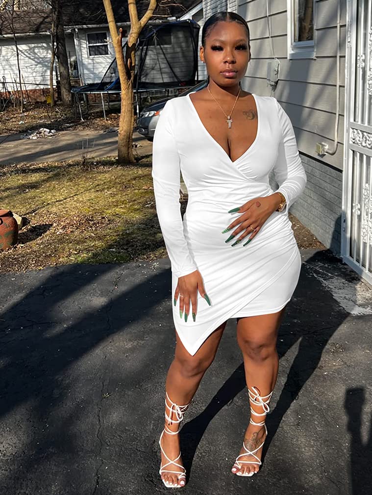 ZileZile Women's Sexy Bodycon Long Sleeve Ruched Deep V Neck Wrap Club Mini Dress