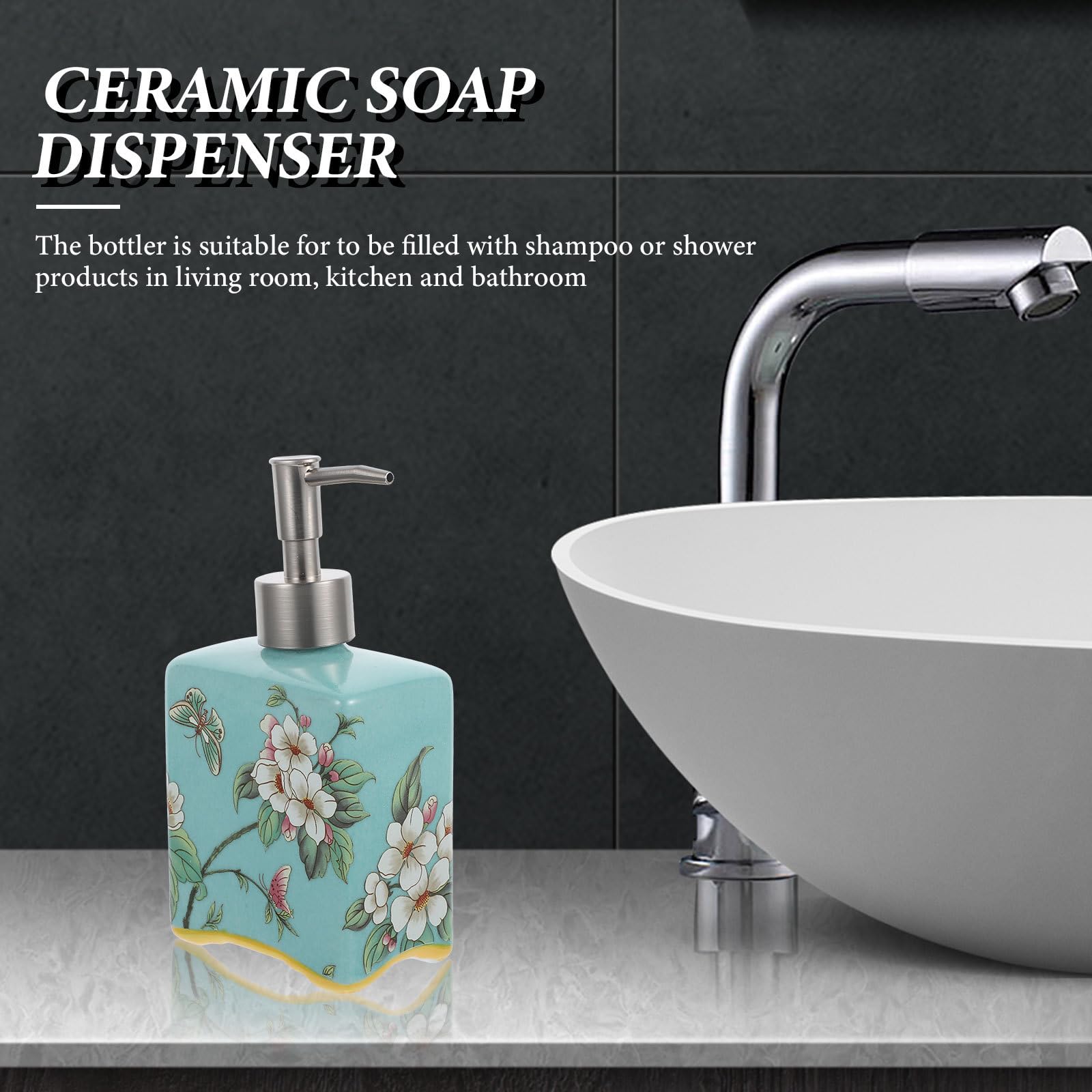 Healvian Dispenser di Sapone Liquido Ricaricabile in Ceramica da 410ml con Pompa in Acciaio Inossidabile per Cucina e Uso in Hotel, Elegante e Funzionale