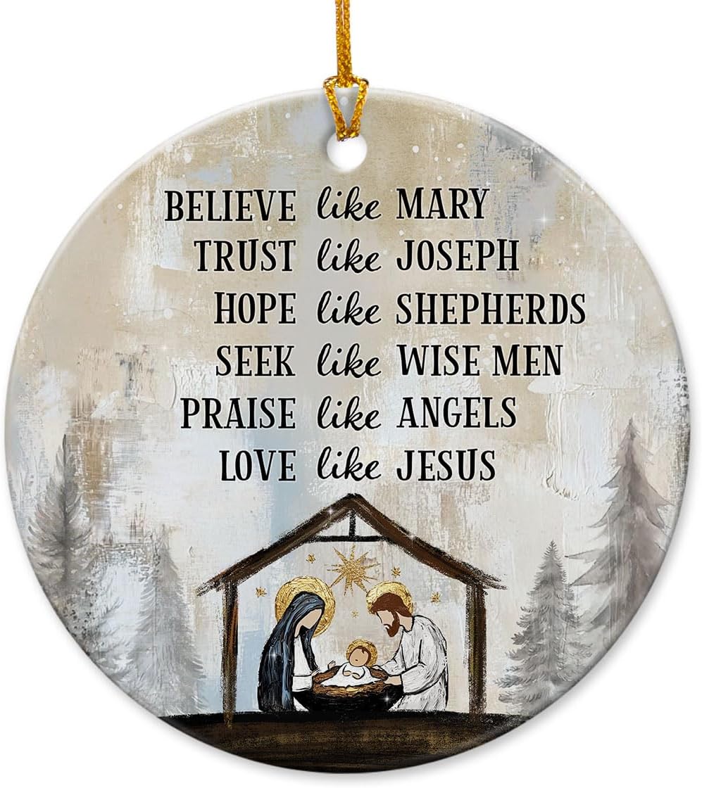 2025 Nativity Christmas Ornaments - Believe Like Mary Trust Like Joseph Jesus Christmas Decorations - Round Ceramic Ornament for Christian Gifts, Religious Christmas Ornaments, Nativity Decor