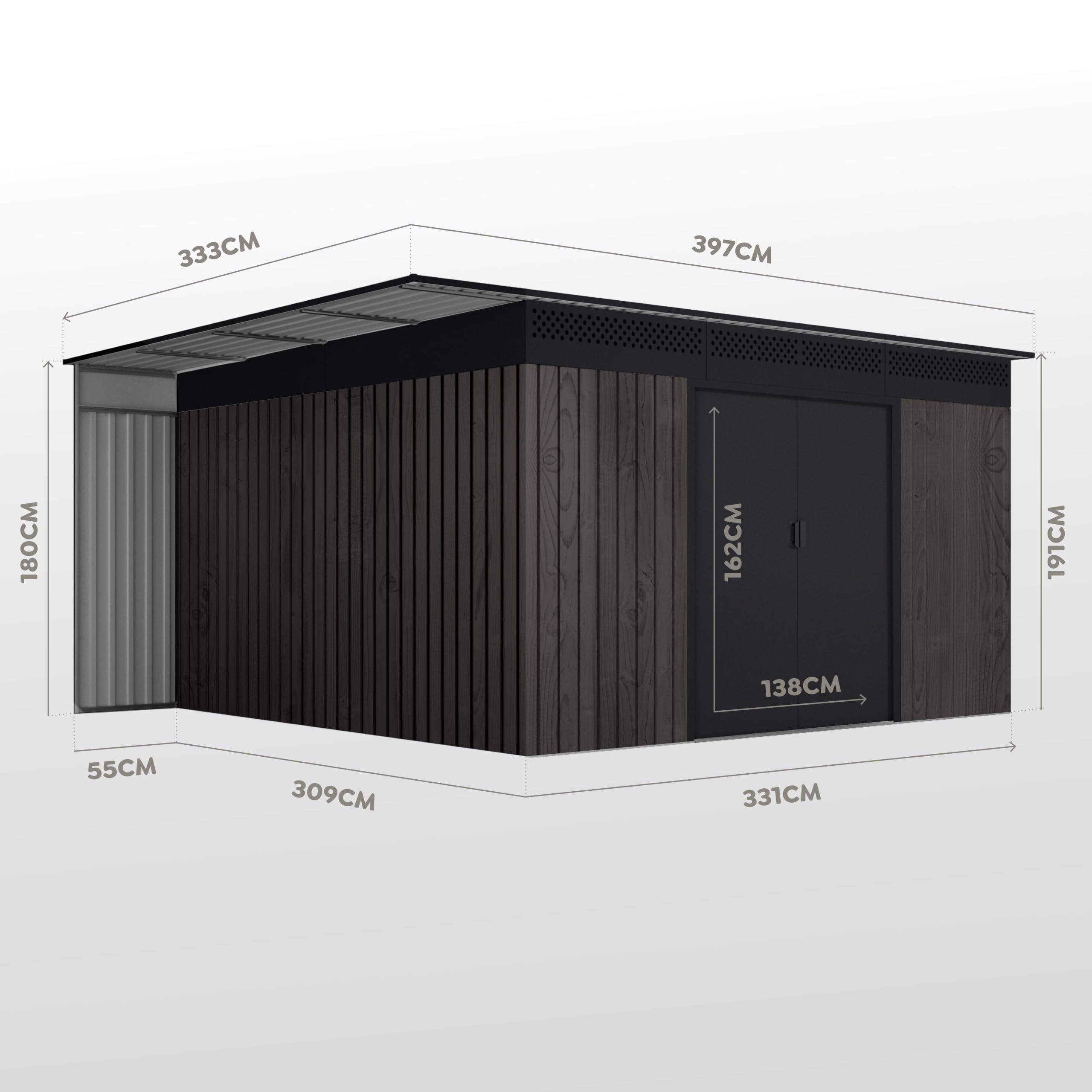 Wasabi Abri de jardin extérieur 13,22 m² Robin t1 – Effet bois Premium – Porte-bûches latéral – Double porte coulissante – Grilles de ventilation – Toit plat – Abri métallique de rangement – 397 x 333