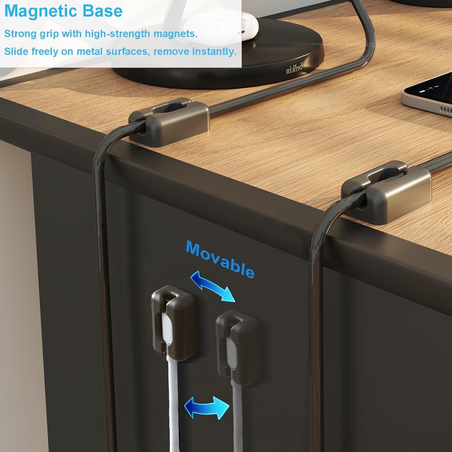 6 Pack Black Magnetic Cable Clips, Silicone Cable Management Under Desk with Magnetic Base for Iron Things, Phone Charger Cord Holder for Nightstand, Desk, Car, Wall