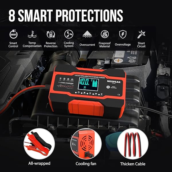 10-Amp Car Battery Charger, 12V and 24V Smart Fully Automatic Battery Charger with Temperature Compensation for Car Truck Motorcycle Marine Lead Acid Batteries - 4