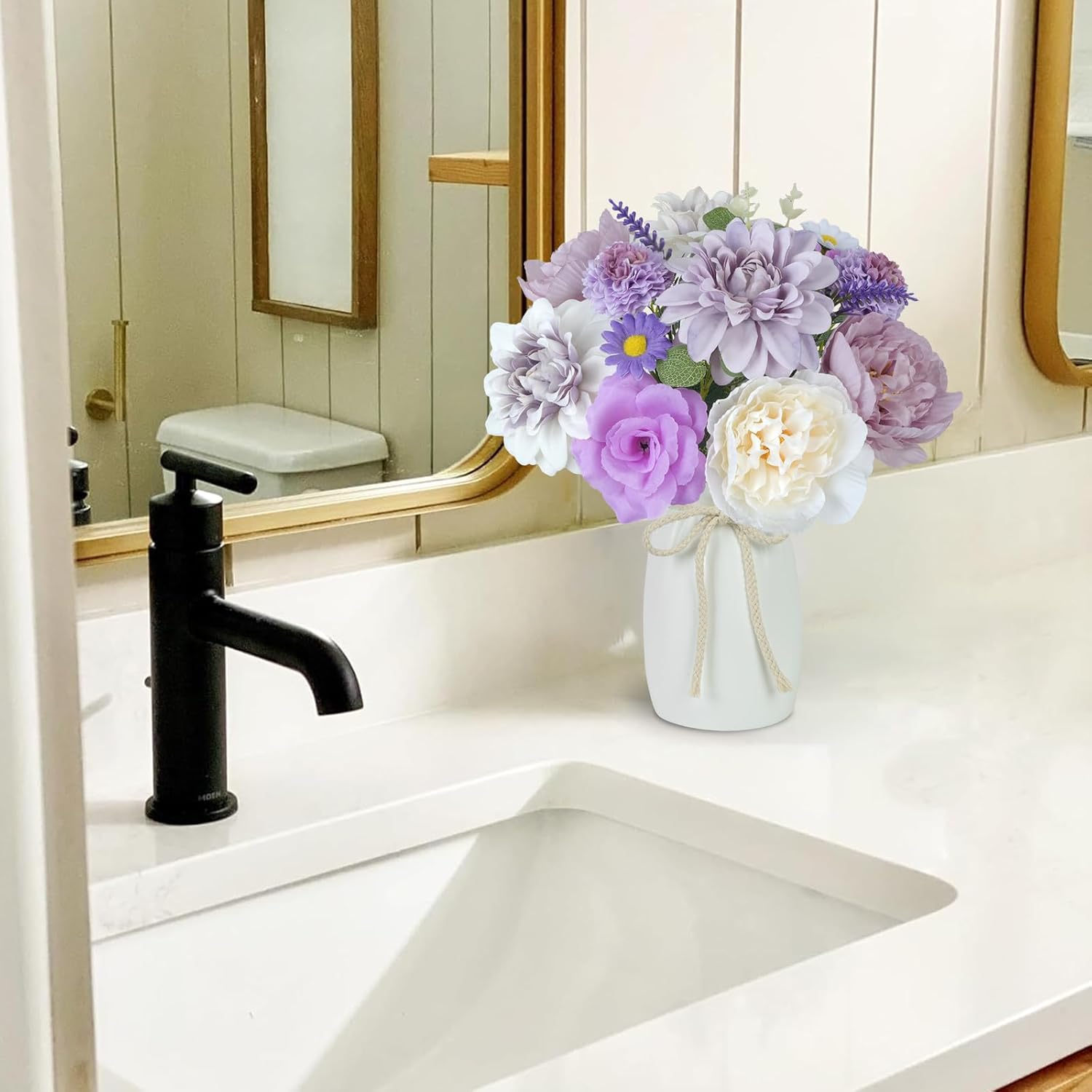 18Pcs Fake Flowers in Vase Purple Fake Peonies with Dahlia Rose Carnation Artificial Flowers with Vase for Home Wedding Party Table Centerpieces Indoor Outdoor
