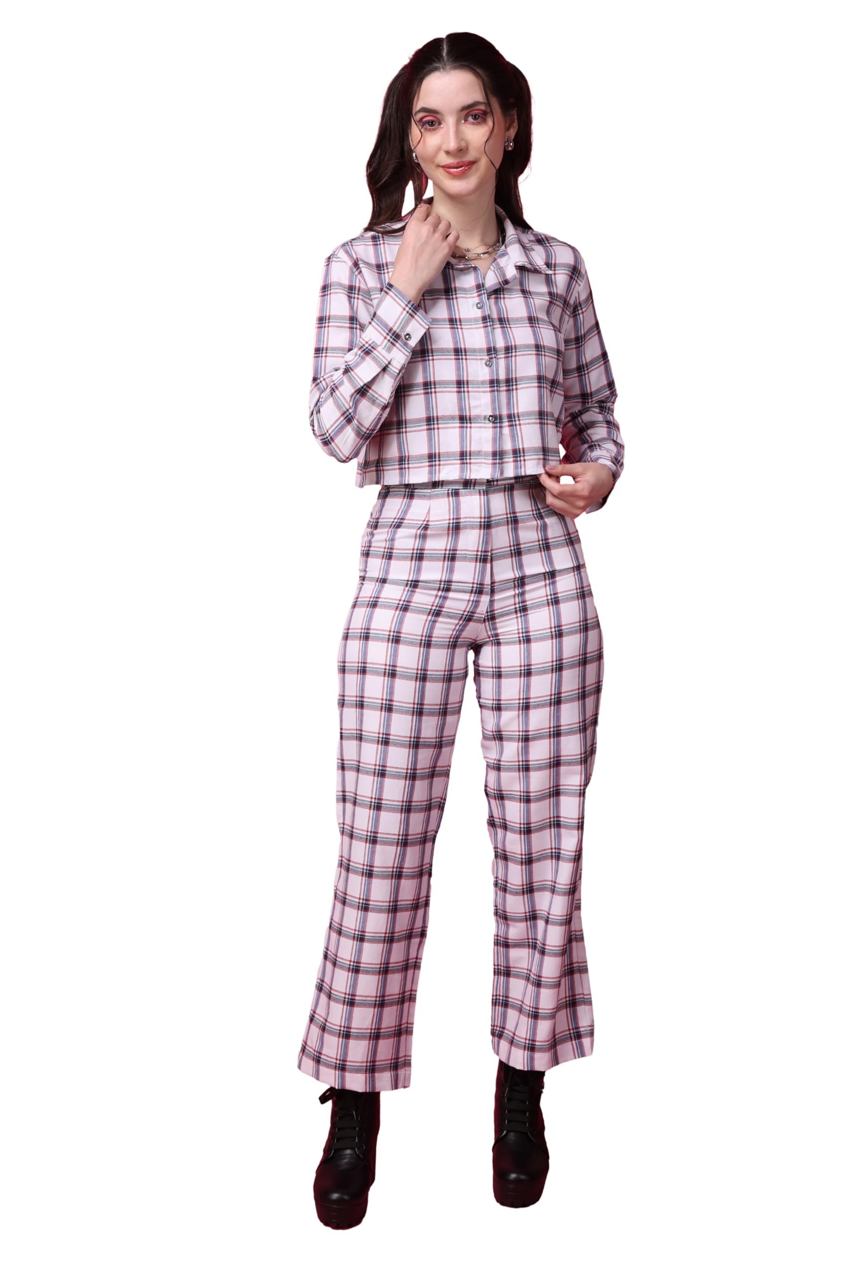 Popwings Casual Checks Print Crop Shirt And Trouser Co-Ord Set For Women | Shirt And Pant Co-Ord Set For Women | Full Sleeves Co-Ord Set For Women | Western 2 Piece Set For Women White
