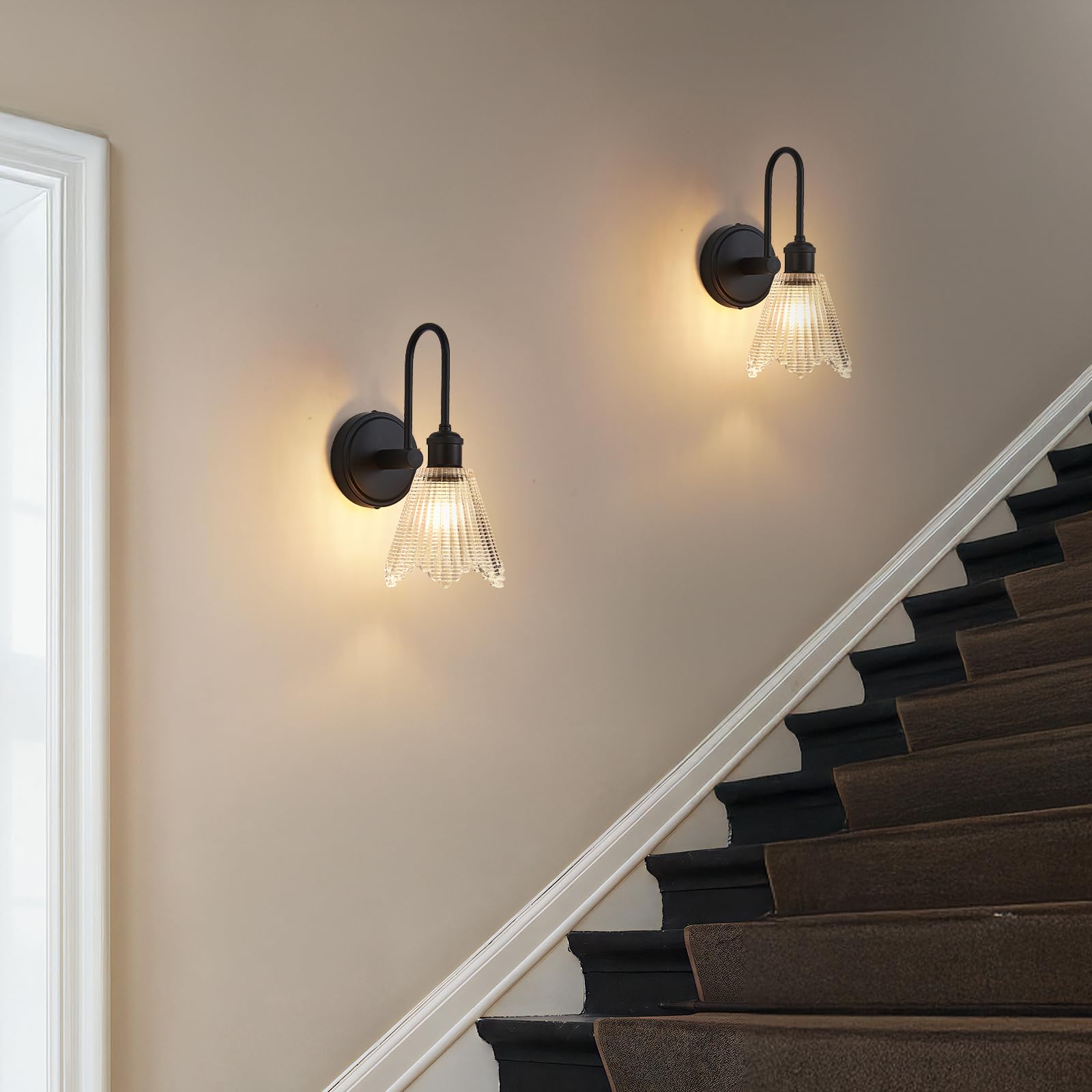 Wandleuchte Set 2-tlg, Schwarz Vintage Wandlampe mit Langem Klaren Glasschirm, Festverkabelte Wandleuchten für Schlafzimmer, Badezimmer, Wohnzimmer | Inkl. 2 LED Birnen