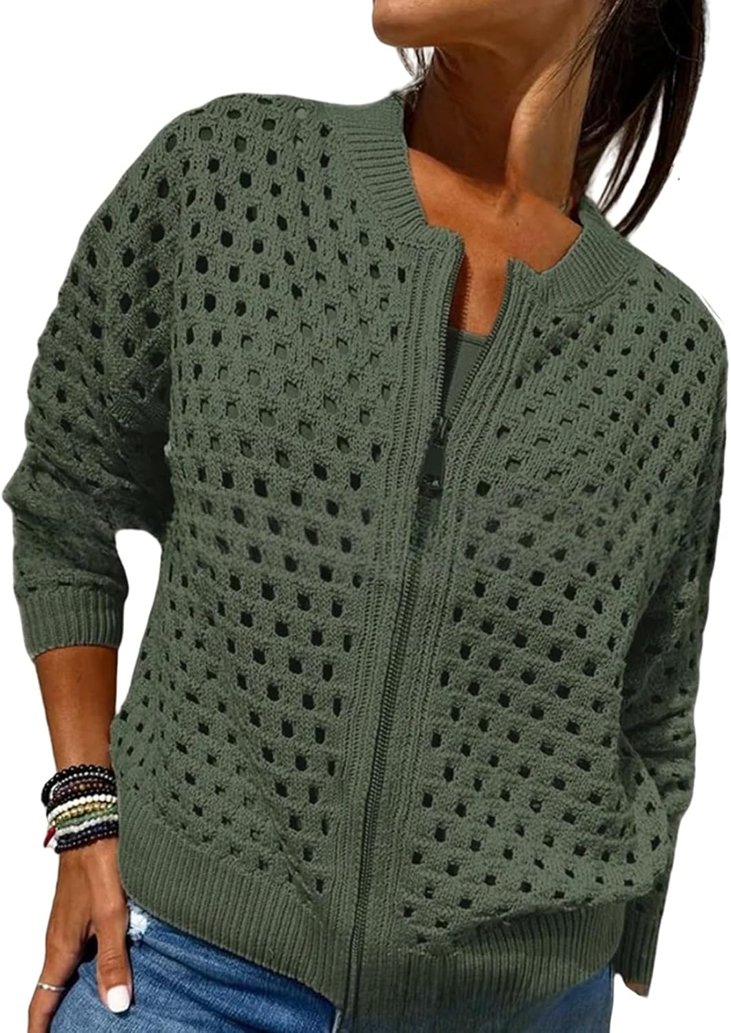Womens Zip Up Crochet Cardigan Sweater, Women's Casual Hollow