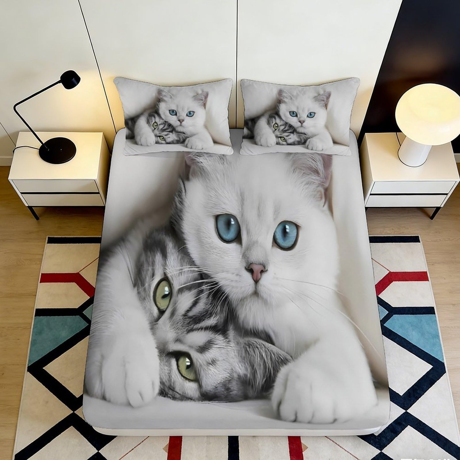 Uxinyoume Style-5 3D Printed White Cat Fitted Sheet Microfiber Soft Grey Tabby Mattress Cover For Bedroom Decor Mattress Protection 90X200x25cm