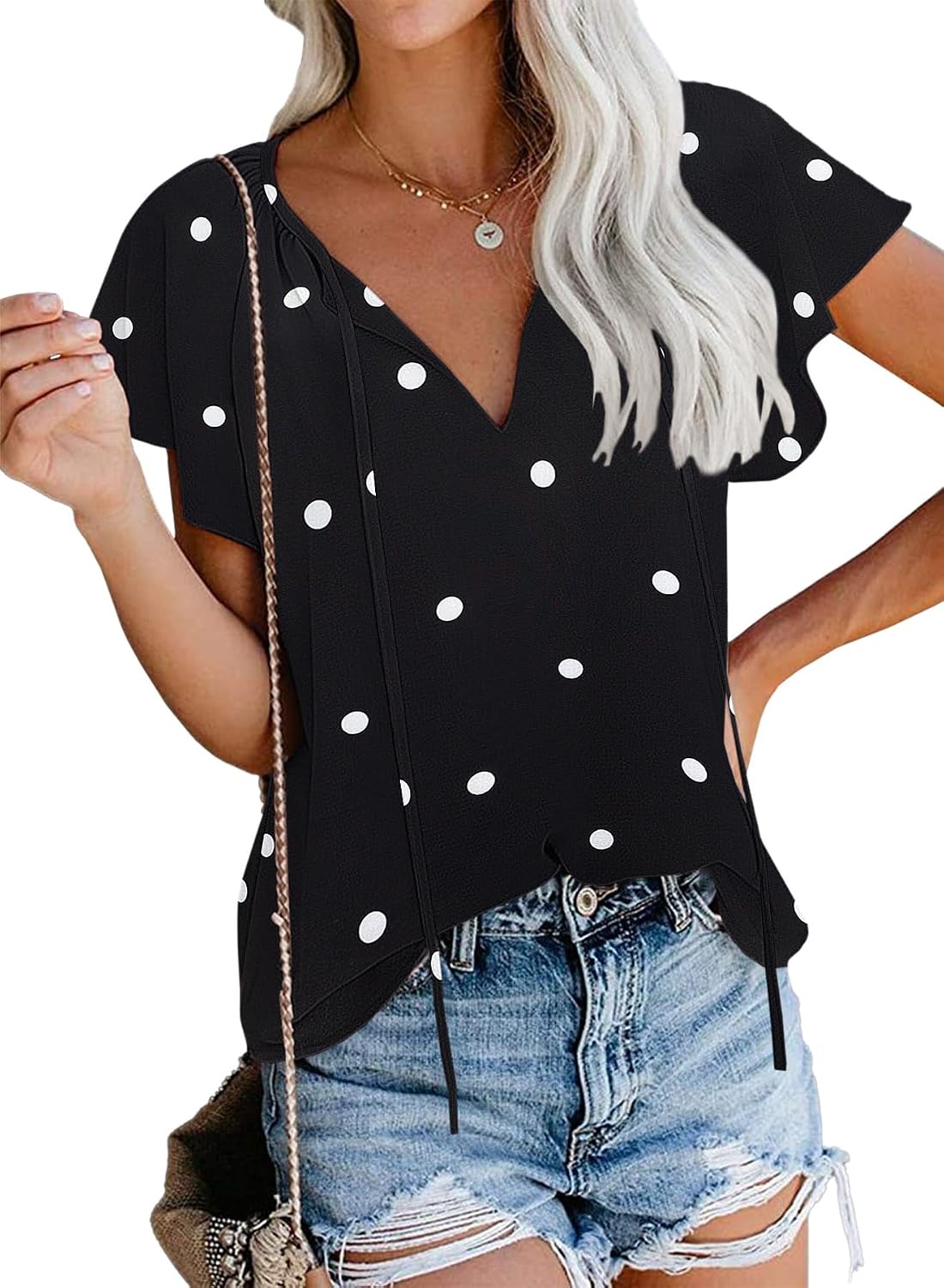 SimpleFun Women's Boho Tops Floral V Neck Short Sleeve Summer Blouse Shirts
