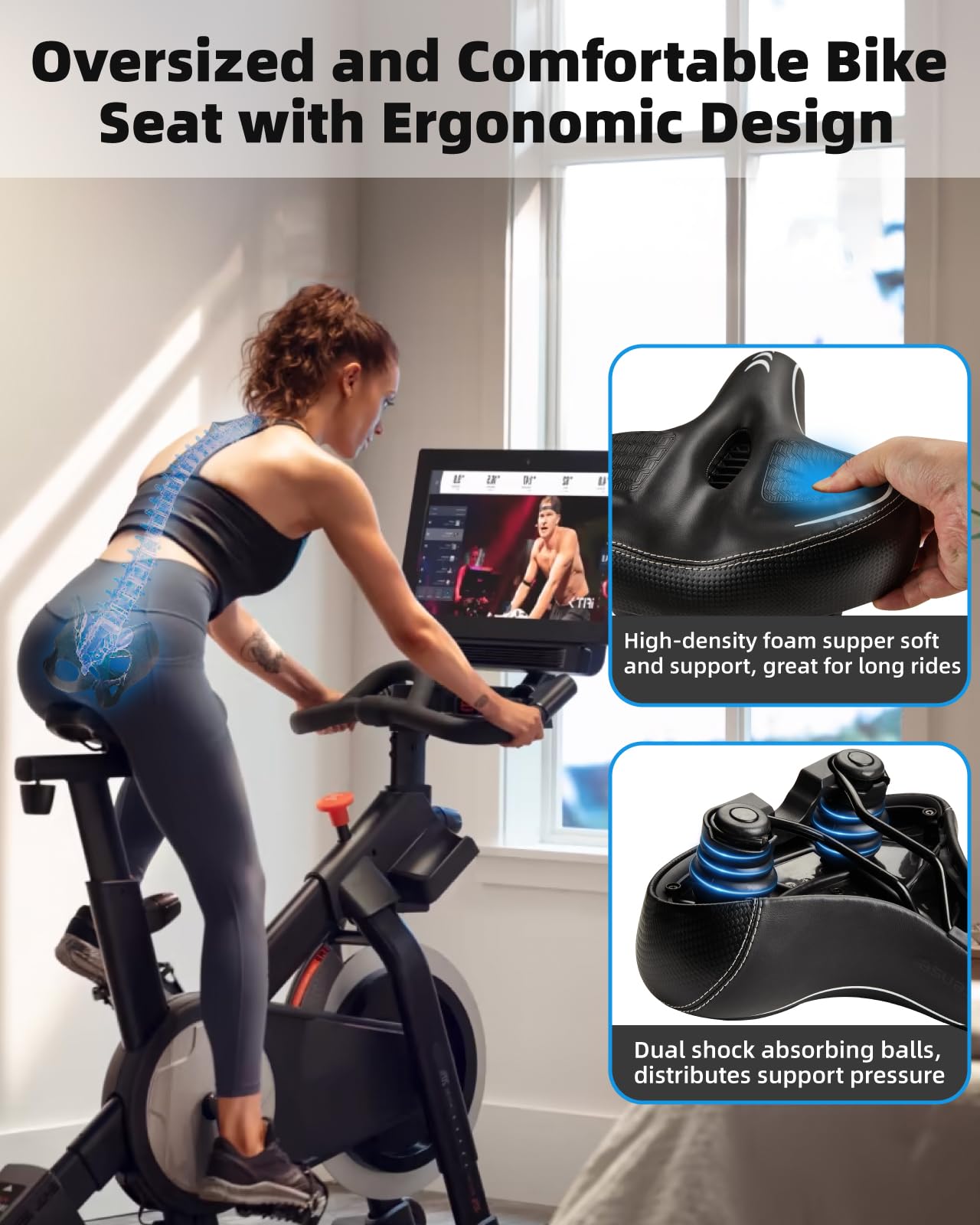 Fitense Asiento de bicicleta de gran tamaño para bicicleta Peloton y Bike+, cojín de asiento cómodo compatible con bicicletas Peloton, de carretera o de ejercicio, reemplazo de sillín de bicicleta