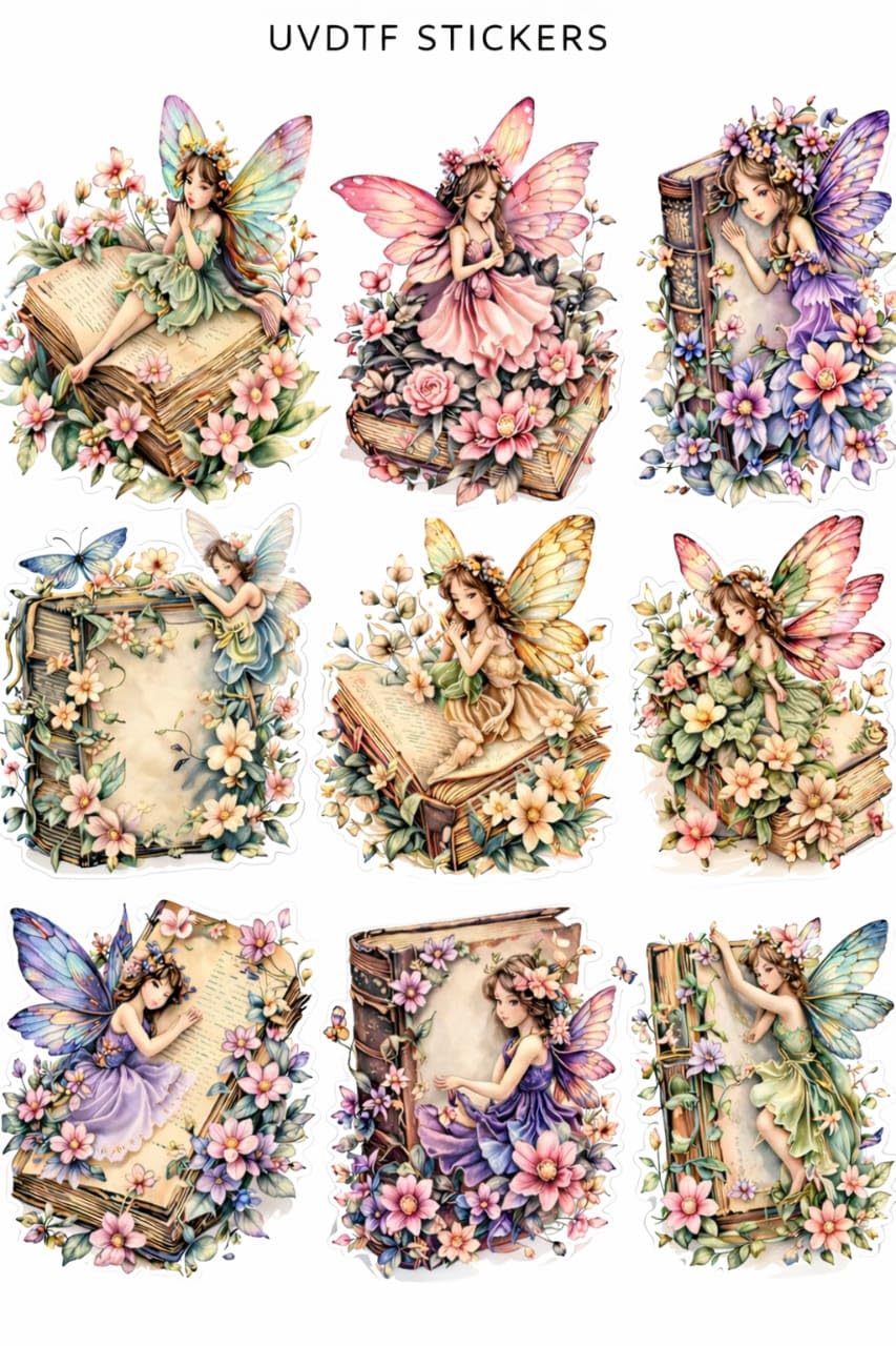 UV DTF Cup Wrap Transfer Stickers, Fairy and Floral Book Theme, Waterproof Decals, 6.35x6.35 cm, Pack of 9