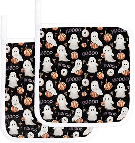2 Packs Halloween Pot Holders Sets for Kitchen,Oven Pan Plate Bowl Pads Heat Proof Mat with Hanging Loop,Thick Terry Cloth Potholders Non Slip Soft