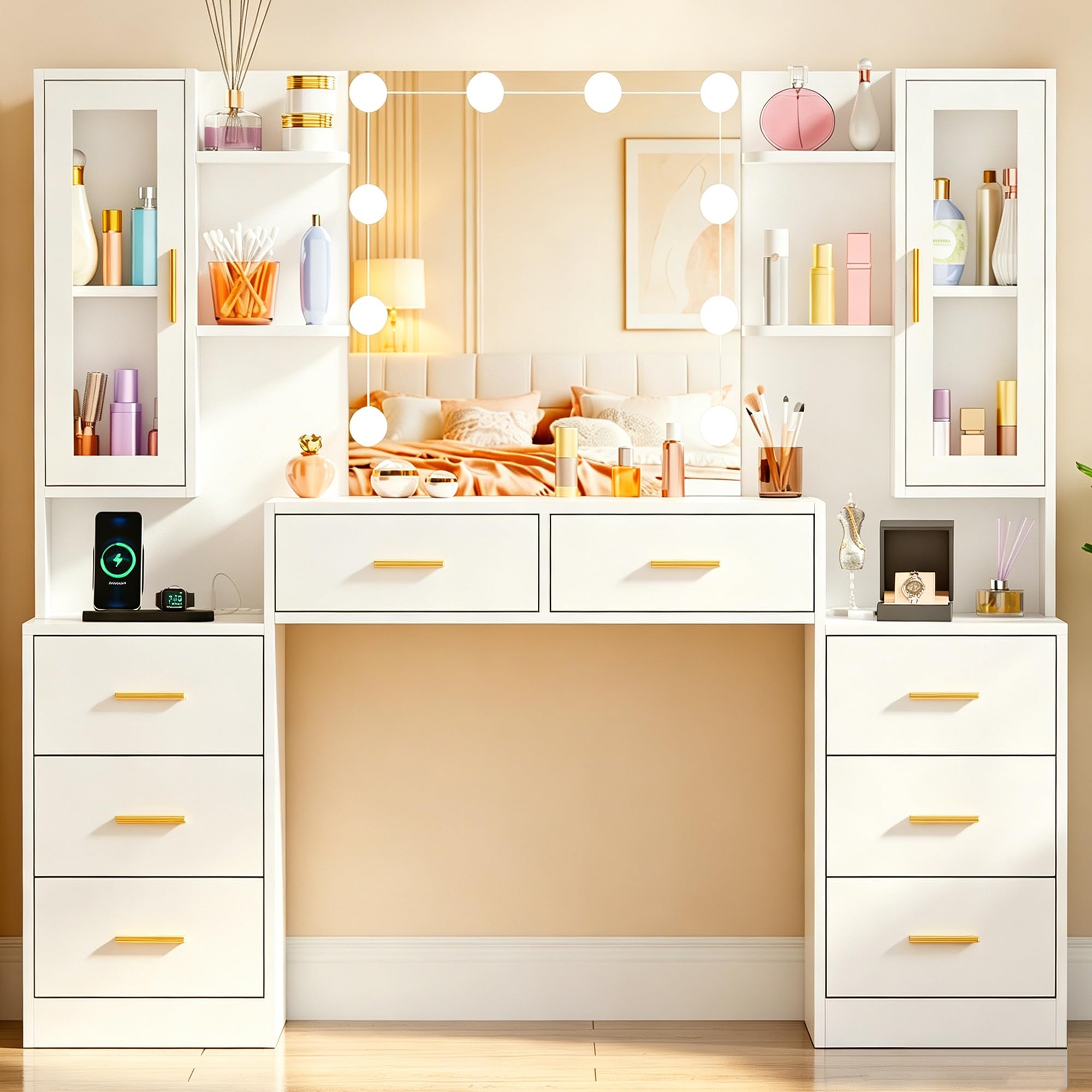 BEWISHOME Grande Toeletta Trucco con Specchio e Luci LED, Luminosità Regolabile, Postazione Trucco con Multipresa, Tavolo da Trucco Moderna con 8 Cassetti e Ripiani Aperti, Bianco, EFST65W