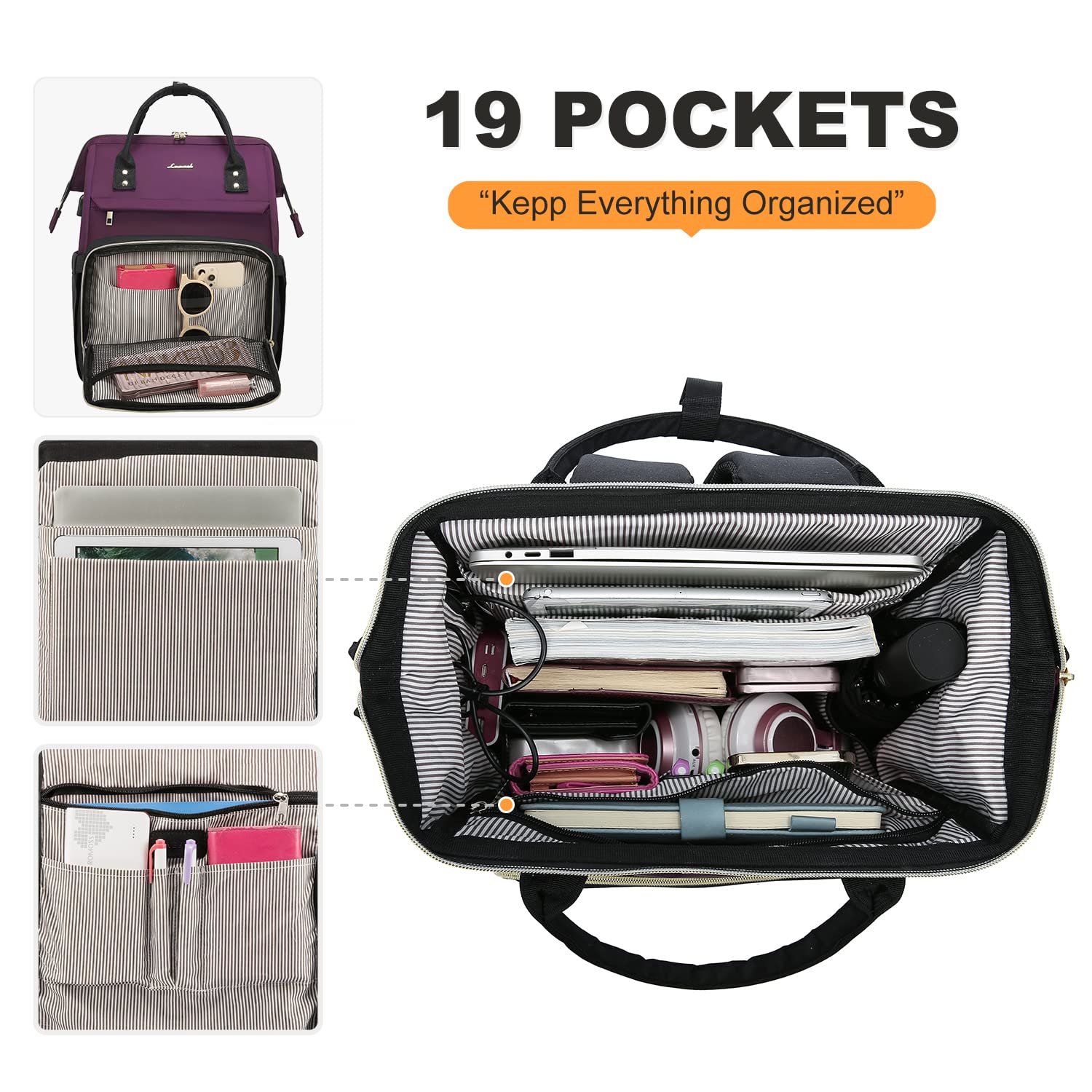 LOVEVOOK Zaino Donna Zaino per PC Portatile 15.6 Pollici, Zaino Porta PC Impermeabile, Viola scuro e Nero