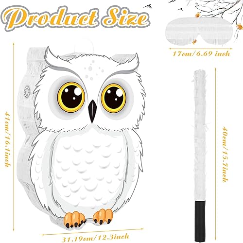 Miniatura 3 de Aoriher Piñata de búho con palito de piñatas para los ojos vendados, confeti 3D blanco nevado de búho juego de piñatas para bosque, bosque, mago,