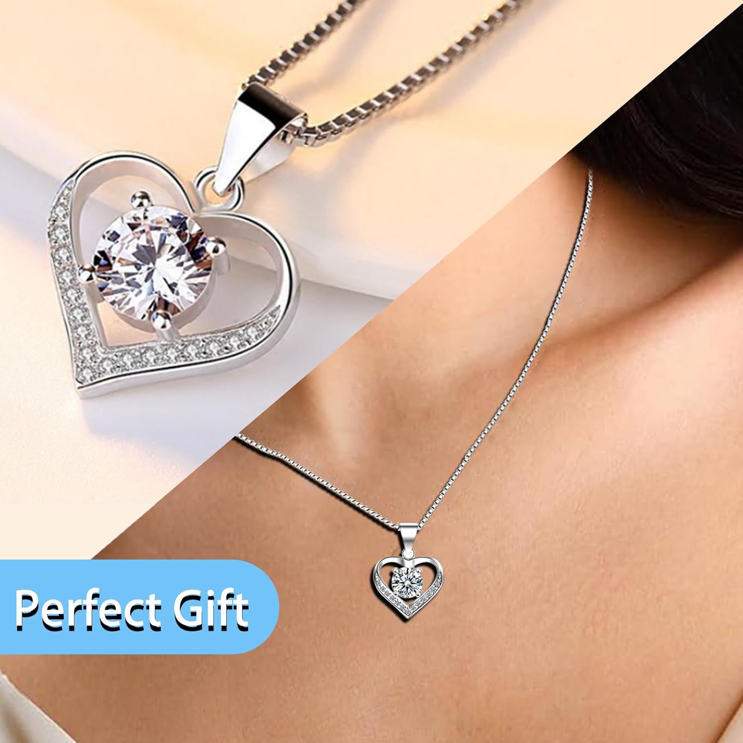 DRTMLY Heart Necklace for Women, 925 Silver Love Heart Pendant Necklace with Cubic Zirconia, Birthday Gift for Wife, Anniversary Present for Wife, Women, Jewelry Gifts for Girlfriend, Mom - Image 5