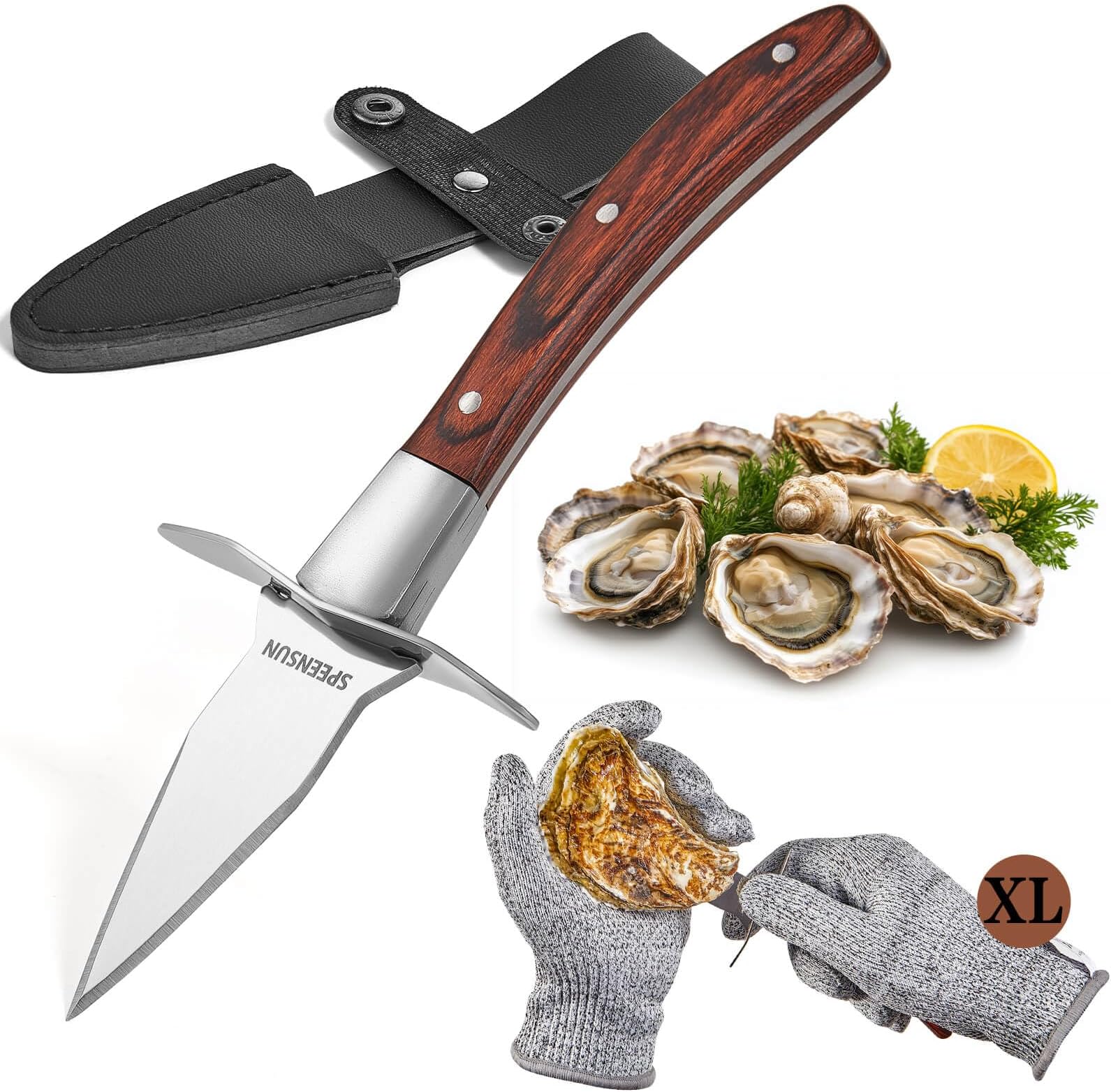 Oyster Shucking Kit, Sturdy Sharpness Oyster Knife And Glove Set With Comfort Wood-handle, Shucking Knife With 5-leve Protection Cut-resistant Glove(XL), with Leather Case Prevents Damaged