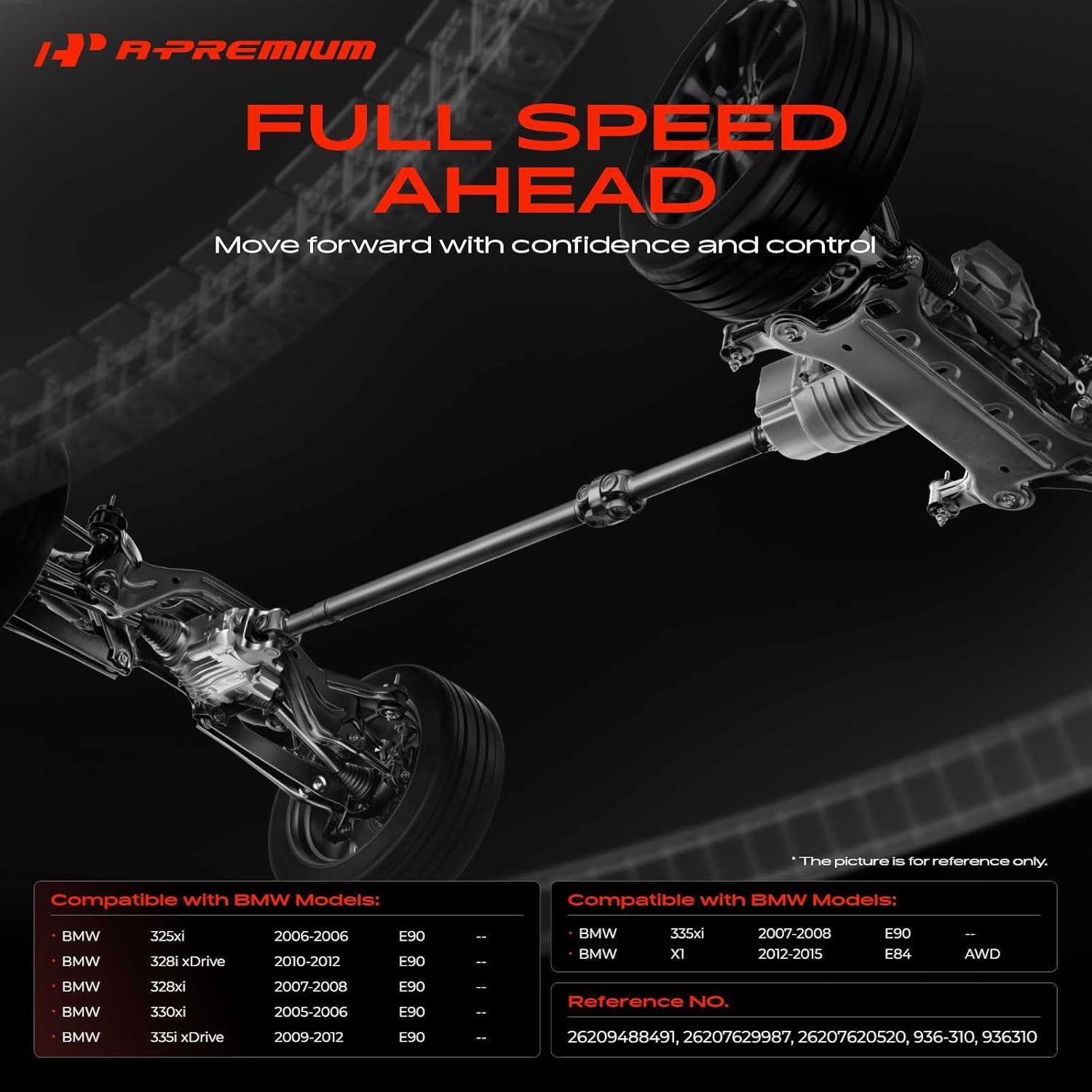 A-Premium Front Drive Shaft Driveshaft Assembly Compatible with BMW 328i 335i xDrive 2009-2012, E90 325xi 2006, 328xi 335xi 2007-2008, 330xi & E84 X1 2012-2015 AWD, # 26207629987, Complete Prop Shaft