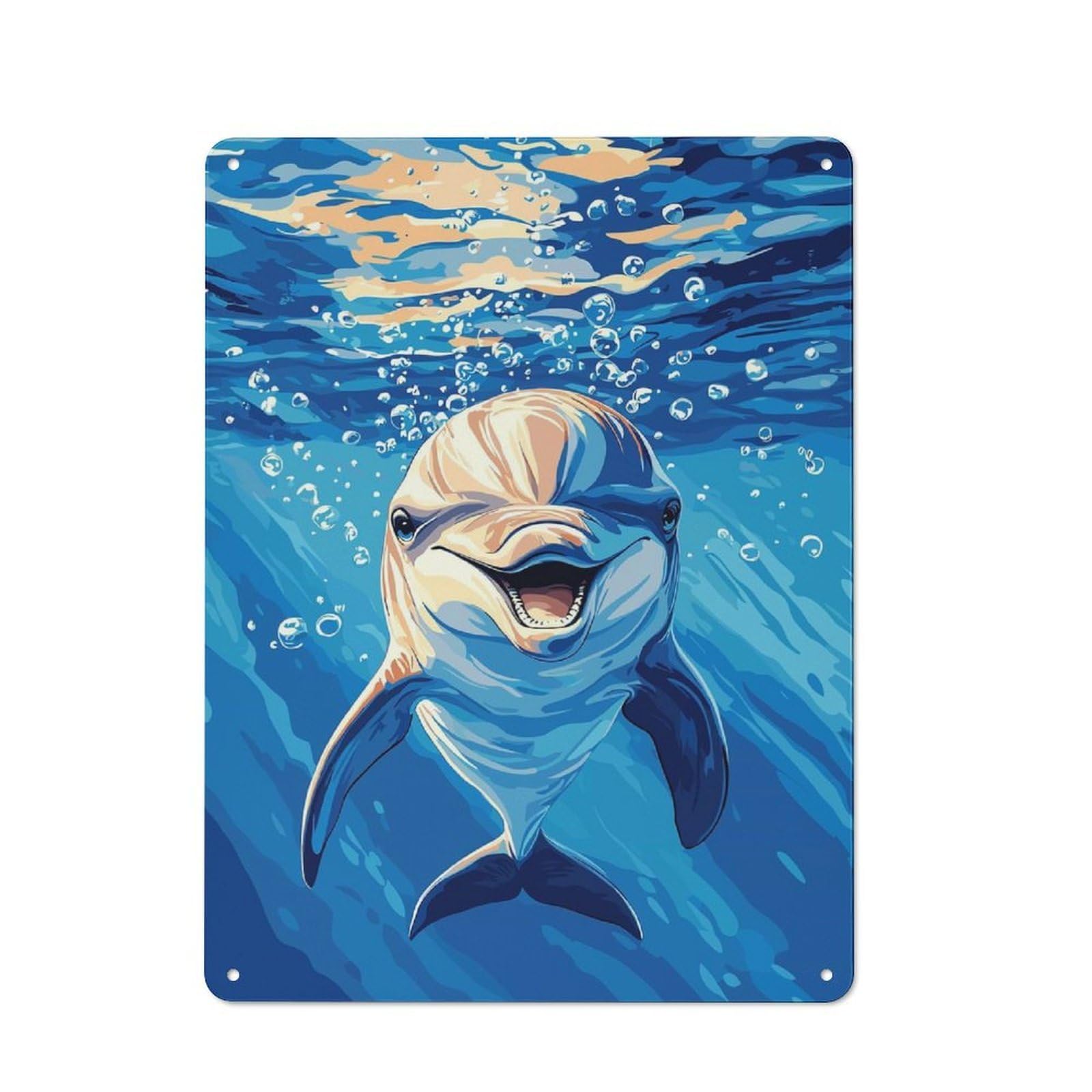 Smiling Dolphin Underwater Tin Wall Plaque 40x30cm, Barn Style Rustic Kitchen Decor for Farmhouse Kitchen, Pantry Or Dining Area