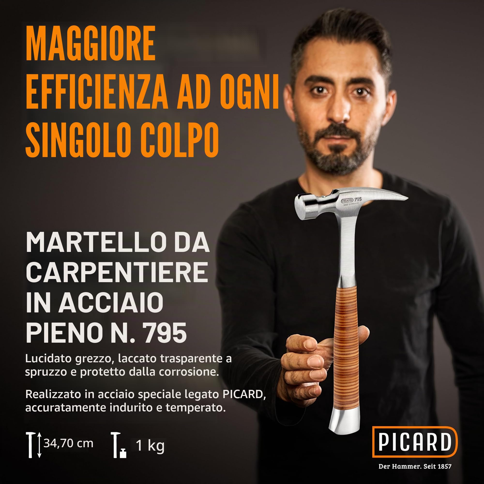 PICARD Martello da carpentiere n. 795 | Martello carpentiere in acciaio pieno con doppia leva | Hammer professionale in acciaio speciale | Impugnatura in pelle | Alta precisione e durata