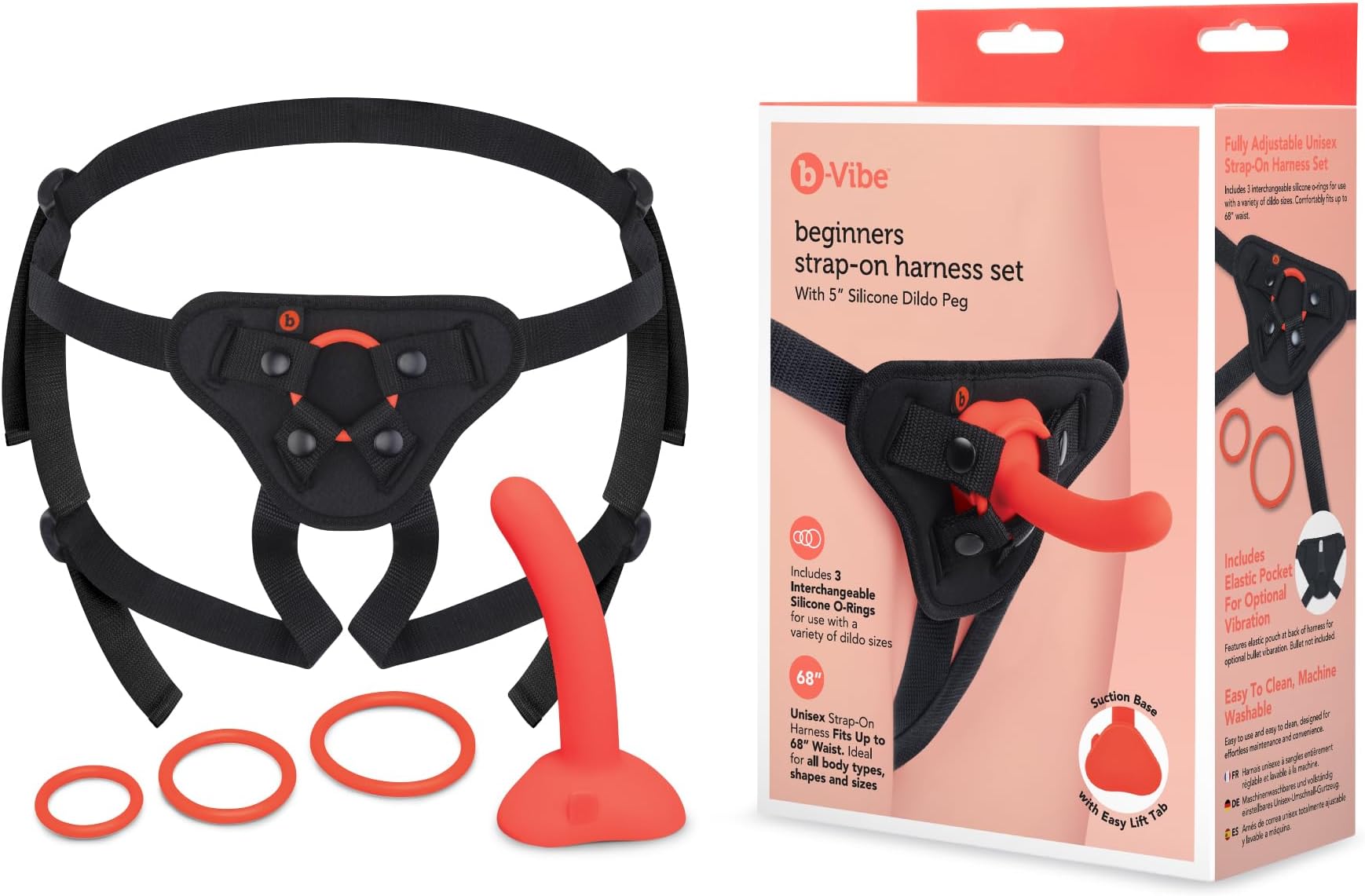 b-Vibe Body Strap-On Harness Set | Beginners with 5" Silicone Dildo Peg - Red
