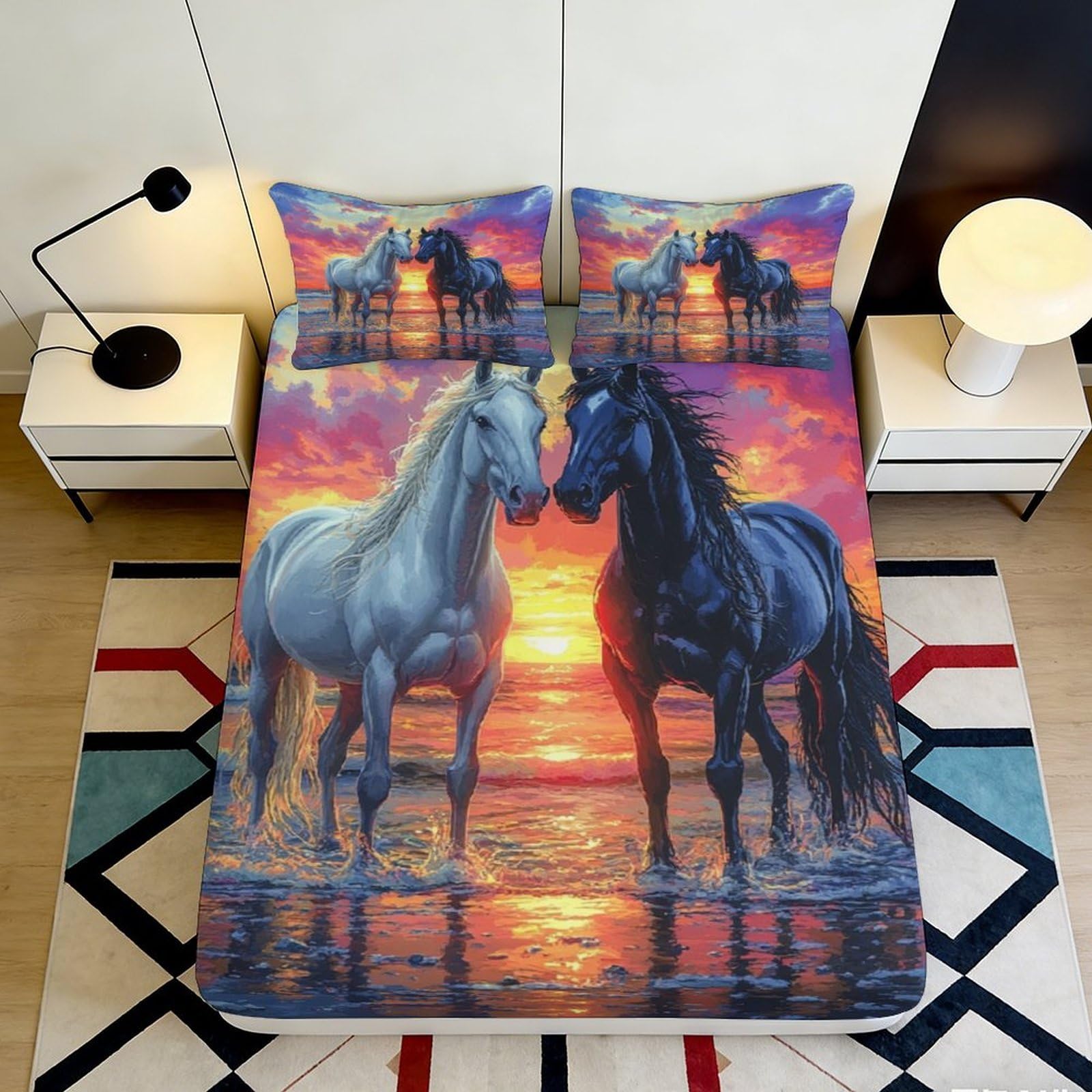 3D Printed Sunset Horse Fitted Sheet Microfiber Soft Artistic Bed Cover for Bedroom Guest Room Dorm Decor 90x200x25cm