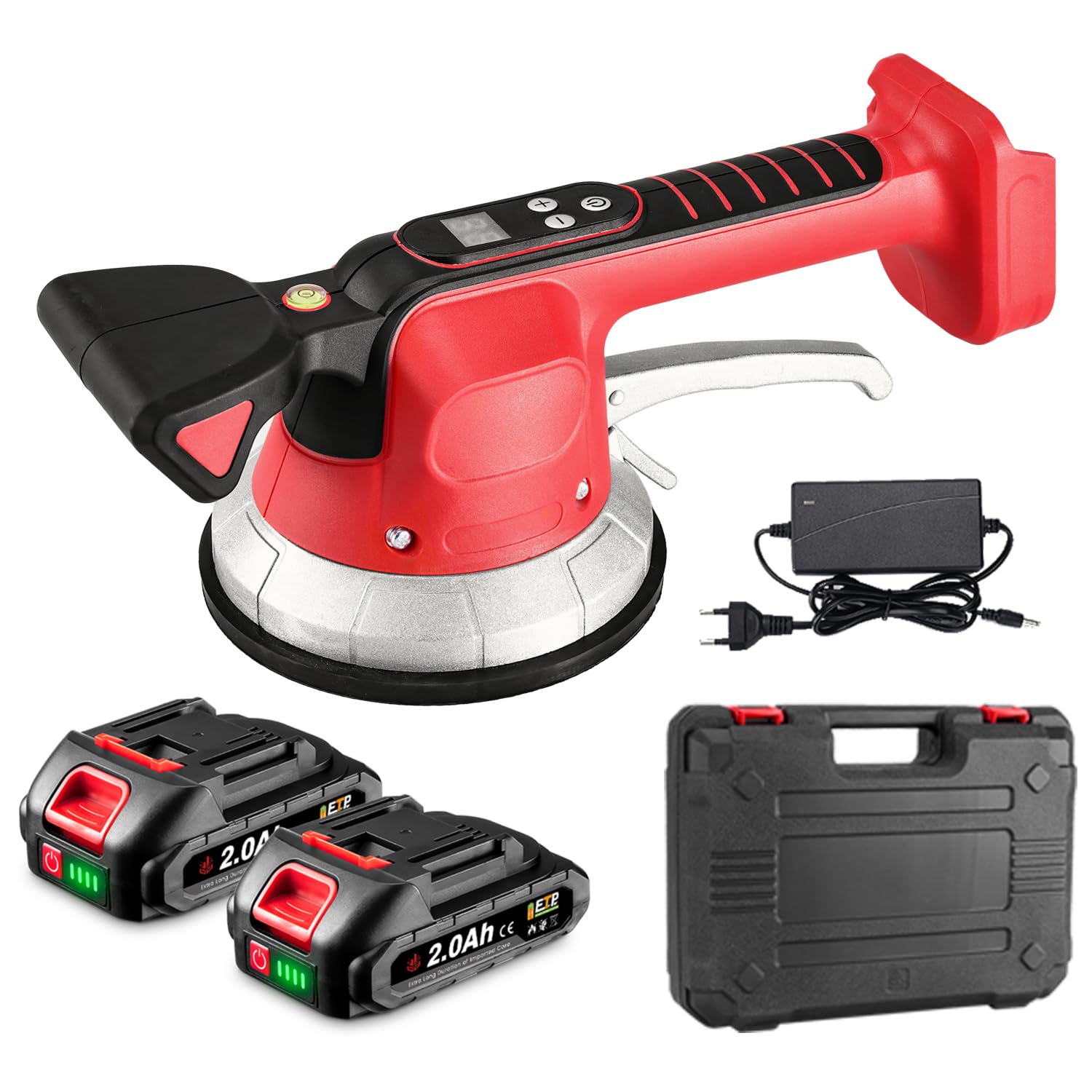 ONEVAN machine de vibration de tuile, vibrateur sans fil pour carrelage acec 2x2,0ah batteries, affichage numérique, 10 vitesses réglables, ventouse vibrante carrelage avec coffret pour carreaux 150cm
