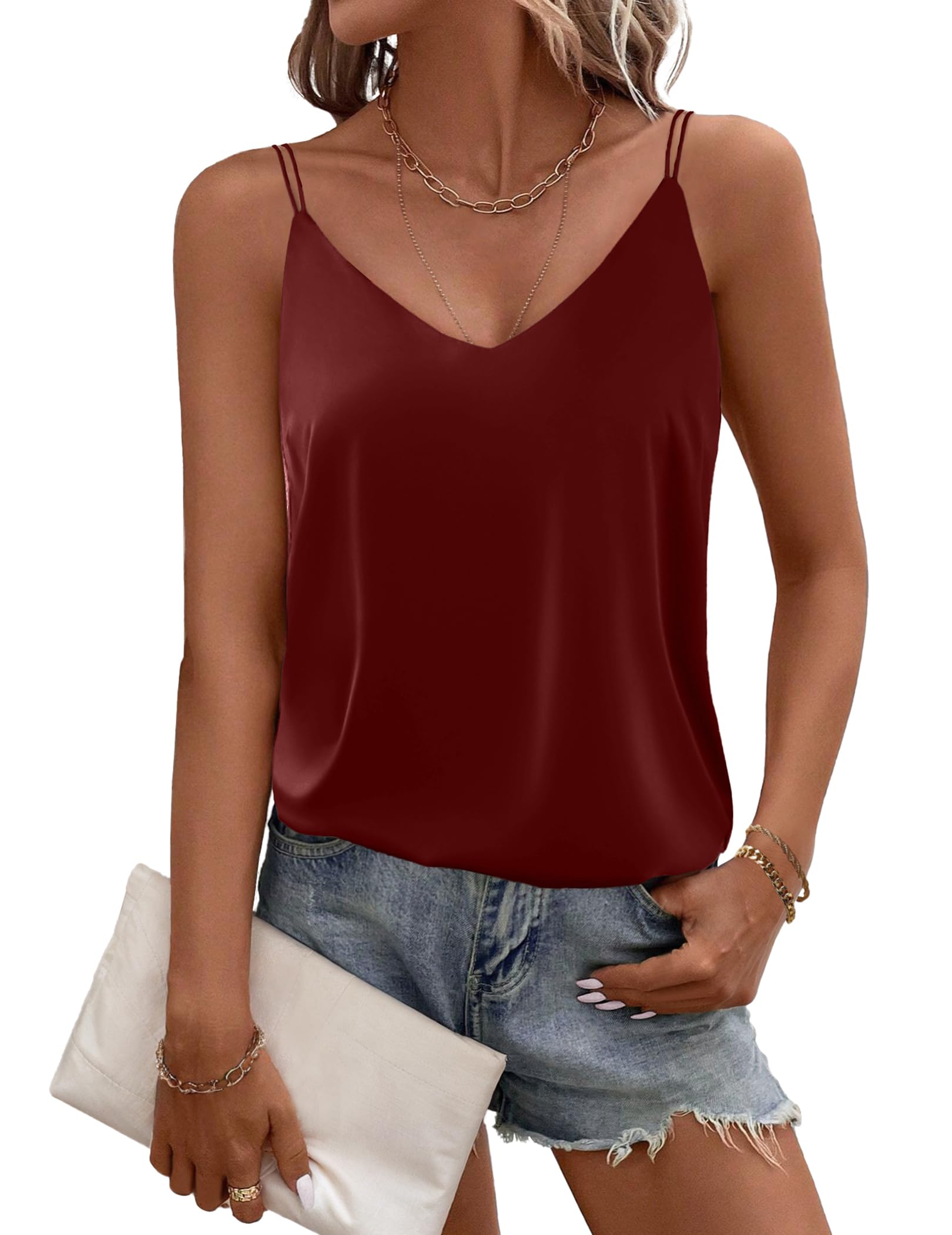 – Women's Camisole Tank Top Silk Satin V Neck Sexy Cross Back Spaghetti Strap Cami Sleeveless Tops S-XXL