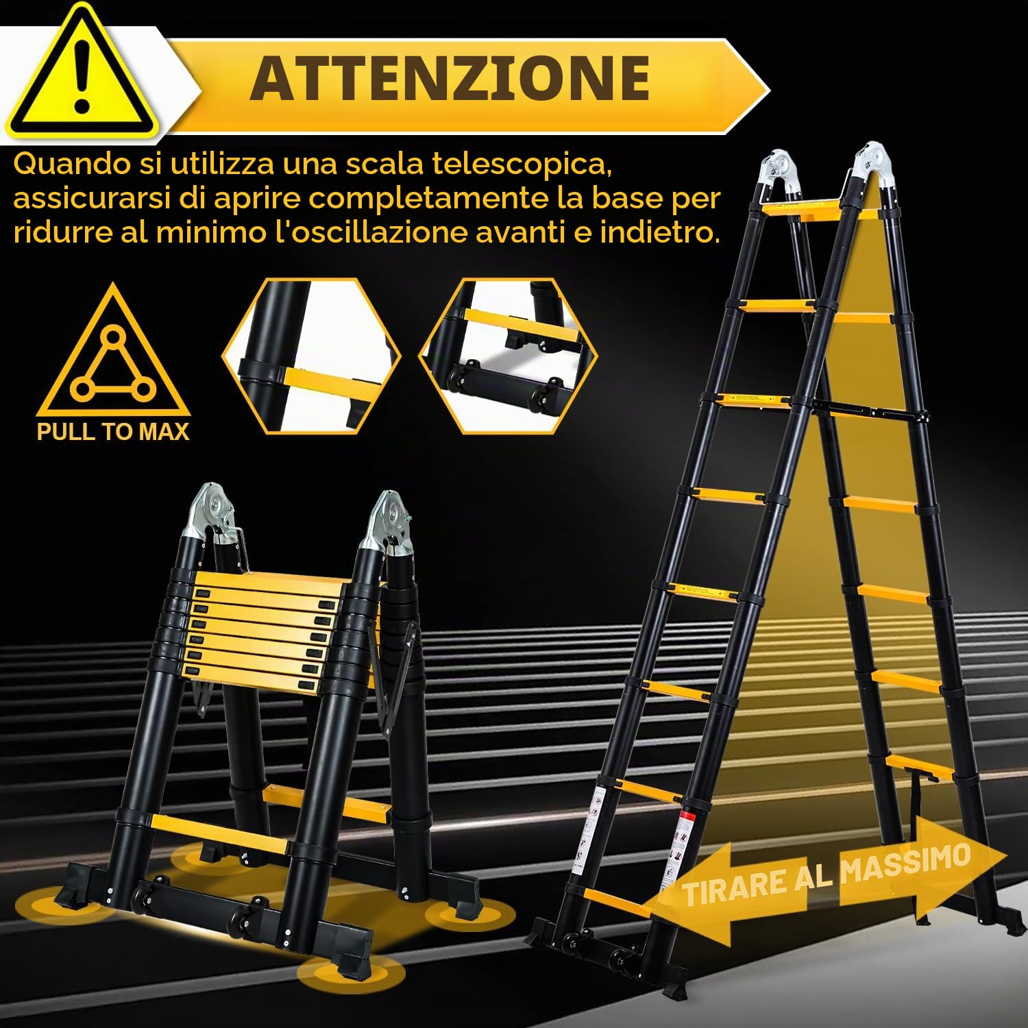 5 m (2,5 + 2,5) Scala telescopica pieghevole in alluminio con doppia puleggia rimovibile carico massimo 150 kg/330 libbre, scala multiuso allungabile, antiscivolo, nero giallo