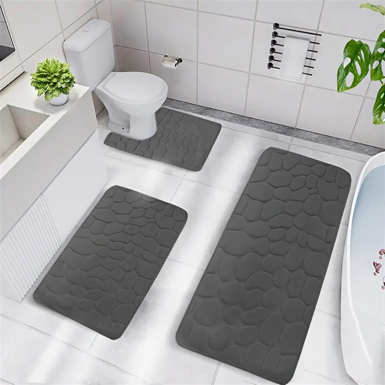 Set di 3 tappeti da bagno in memory foam, antiscivolo, con microfibra assorbente e ultra morbida, lavabile in lavatrice, retro in PVC, colore grigio
