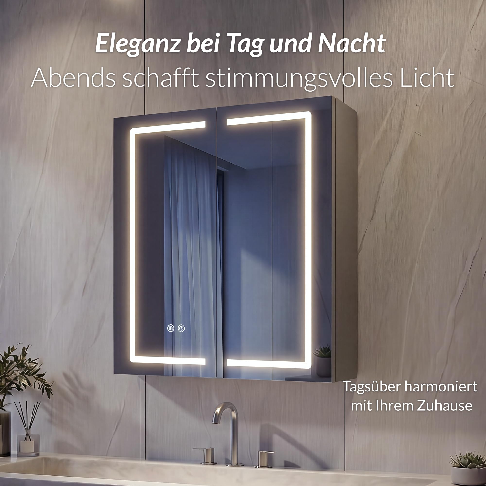 Spiegelschrank Bad mit Beleuchtung Vormontiert 60x70x14cm Steingrau
