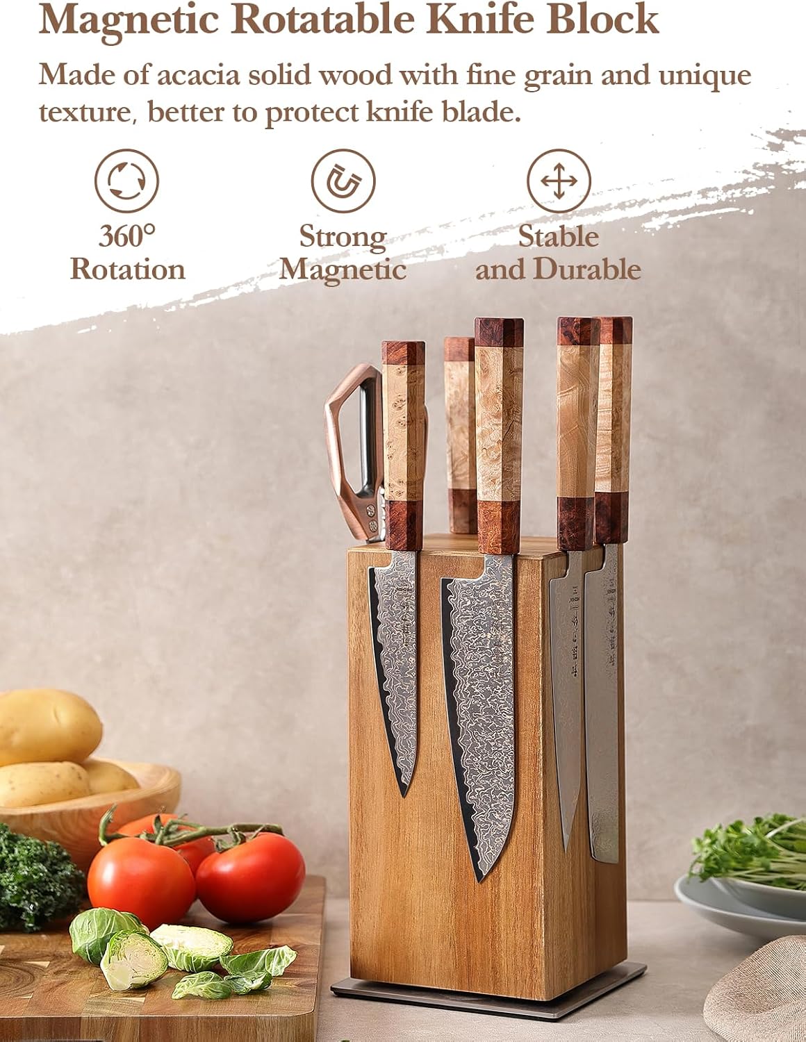 HEZHEN Chef Knife Set, 5 Pieces, 67 Layers Damascus Steel Kitchen Knife Set with 360° Magnetic Rotating Knife Holder