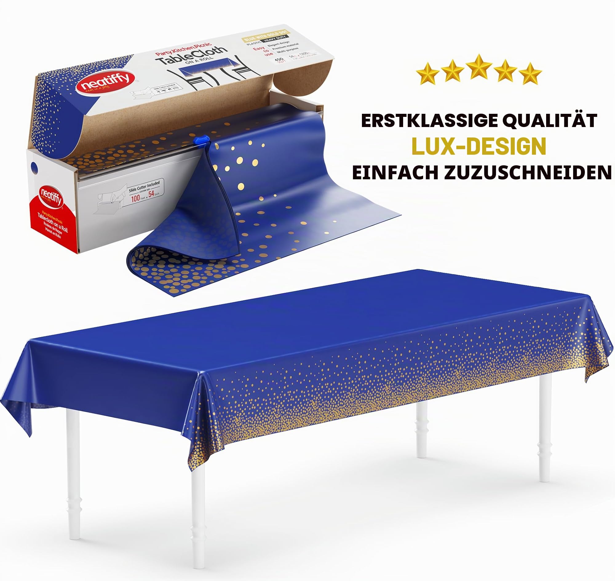 Neatiffy Einweg-Tischdecke aus Kunststoff, für Party/Bankett, Tischdecken für rechteckige/runde/quadratische Tische, entspricht 12 Picknick-Packungen (Blau-Gold-Punkte)