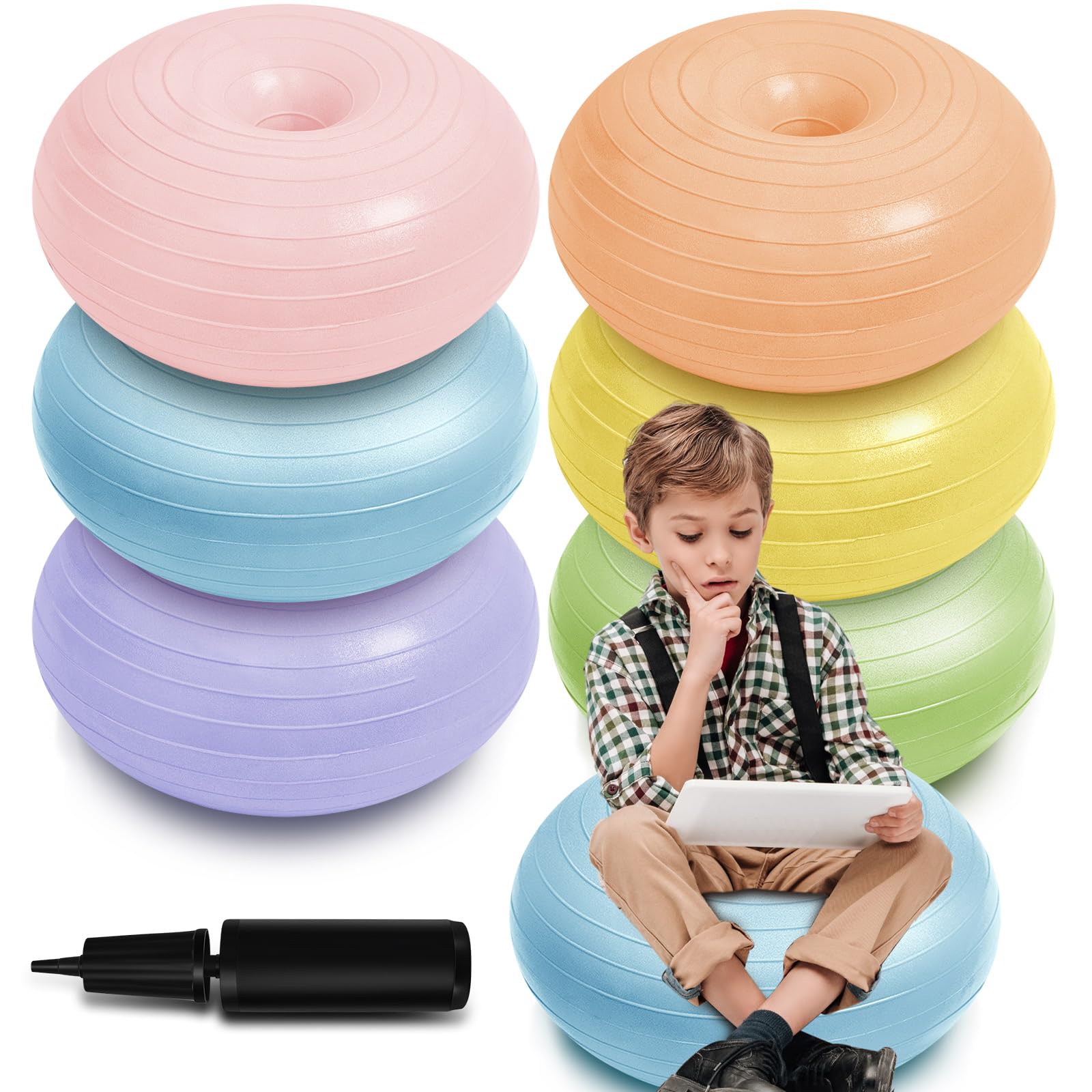 6 Pcs Flexible Seating for Classroom Elementary Yoga Ball Chairs for Kids Inflatable Yoga Ball Office Chair Stability Balance Trainer with Black Inflator for Student Desk Chairs