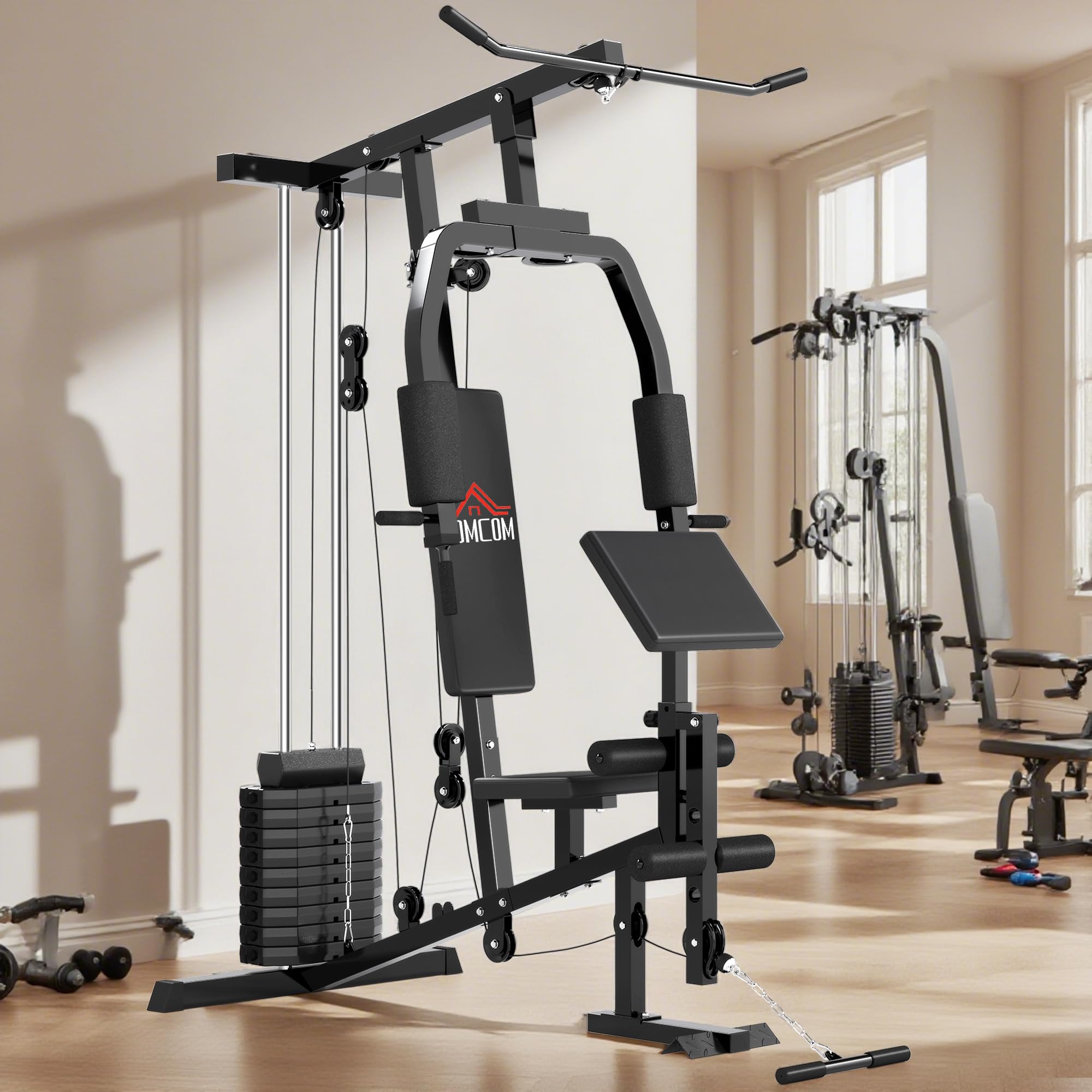 HOMCOM Kraftstation für Zuhause Fitnessstation mit Latzuggerät, Kabelzug, kurzer Bizepsstange, Brustpresse, Beintrainer, Butterfly-Maschine 45kg Gewichten Multifunktion Fitnessstation Schwarz