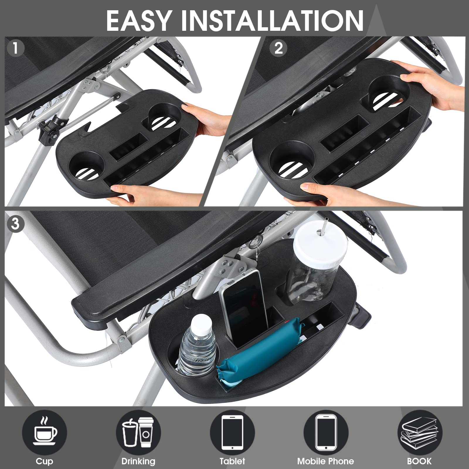 Juego de 6 sillas de gravedad, tela de silla de gravedad, bandeja para silla de gravedad, bandejas de cuerda elástica de repuesto para llevar teléfono celular, aperitivos, agua, malla 2